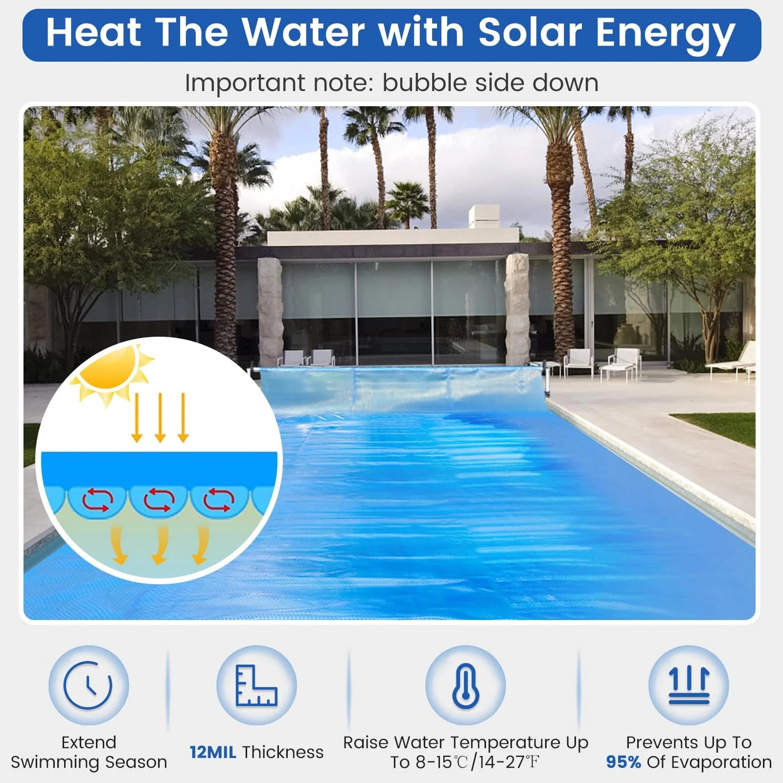 Goplus Pool Cover, 12 x 24 FT Solar Blanket 12 Mil with Carrying Bag for In-Ground and Above-Ground Swimming Pools, Rectangle Hot Tub SPA Thermal Blanket, Blue Bubble - Image 9