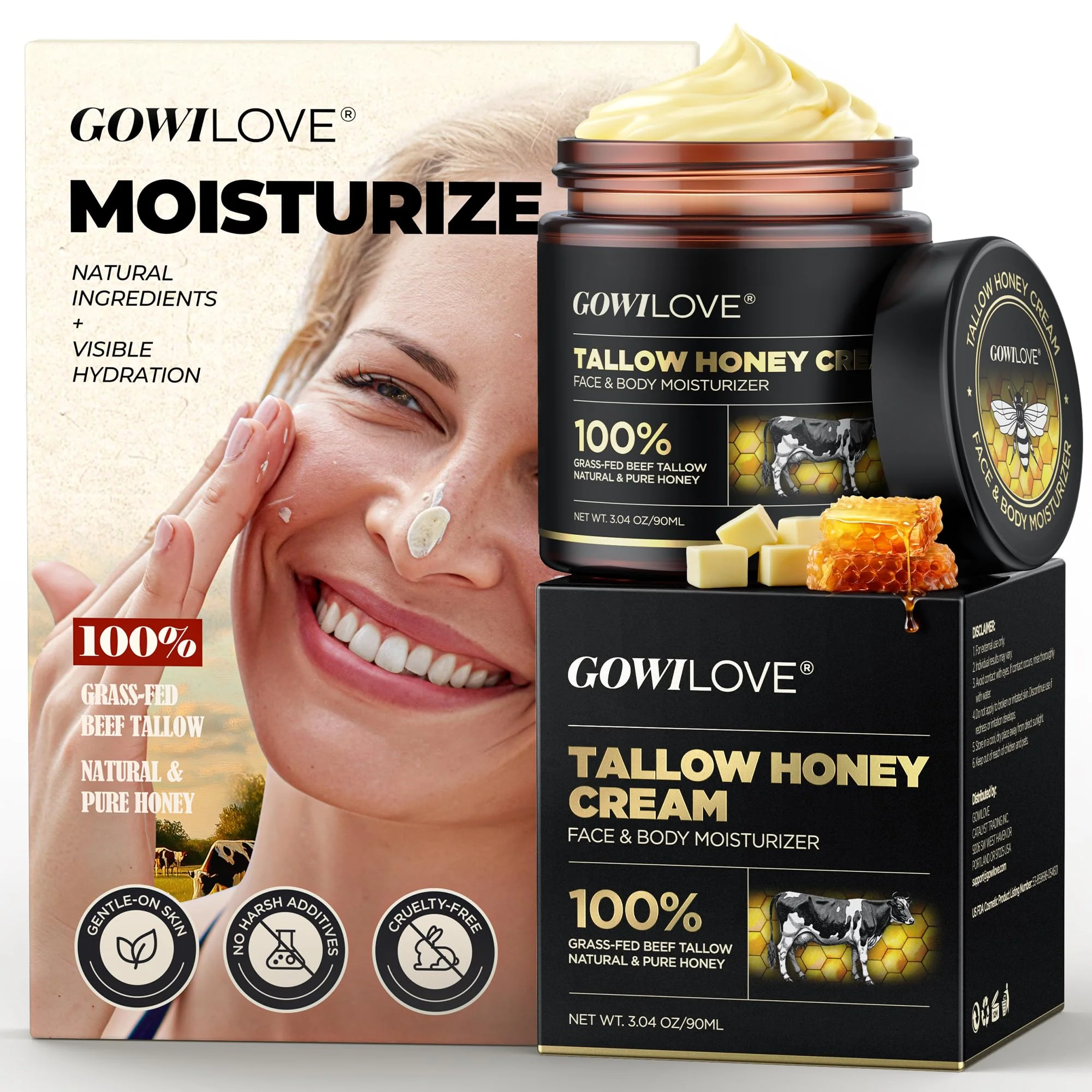 GOWILOVE 12Hr Moisture Lock Beef Tallow for Skin Care, Instant Redness Eraser Tallow and Honey Balm with 6 Botanical Rescue, Dewy Not Oily Face Cream Moisturizer Gift for Women Eczema Rosacea 3.04 Oz