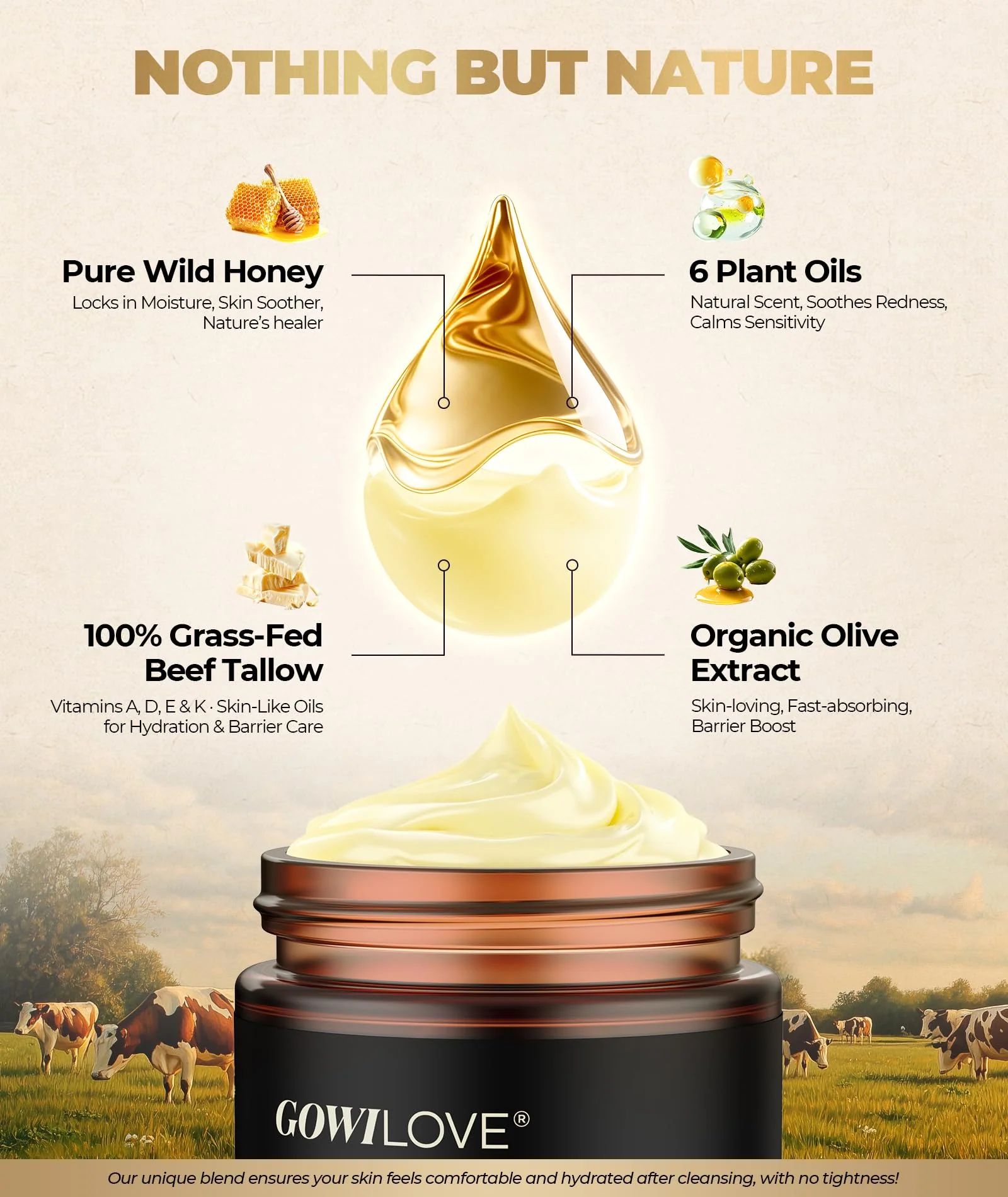 GOWILOVE 12Hr Moisture Lock Beef Tallow for Skin Care, Instant Redness Eraser Tallow and Honey Balm with 6 Botanical Rescue, Dewy Not Oily Face Cream Moisturizer Gift for Women Eczema Rosacea 3.04 Oz - Image 3