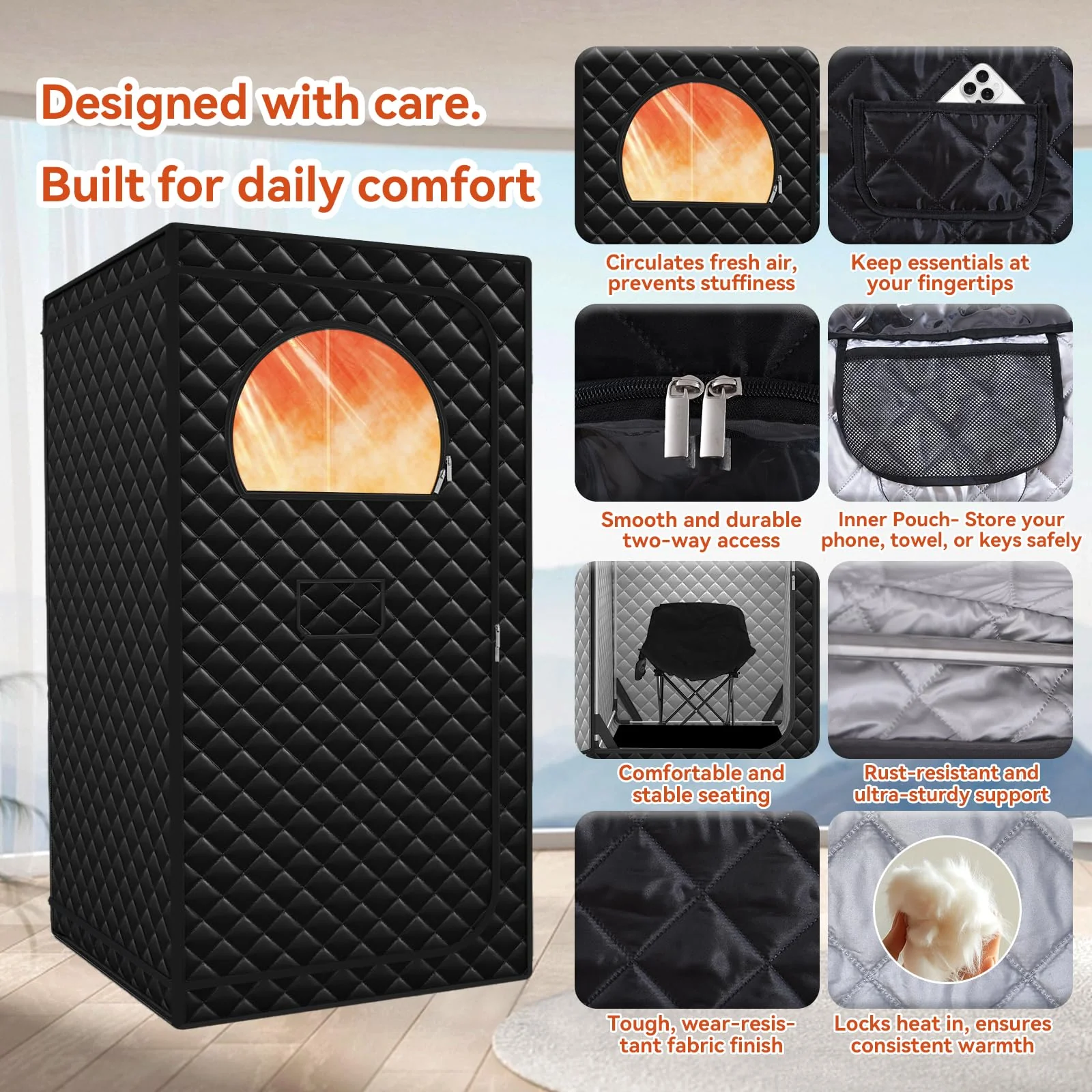 Gozuna Upgraded Portable Sauna for Home, Large Size Personal Sauna Box with 3L 1300W Steamer, Big Folding Chair, 9 Levels Heat, Full Body Steam Room Tent for Home Relaxation Spa 3'x3'x5.9' Black - Image 3