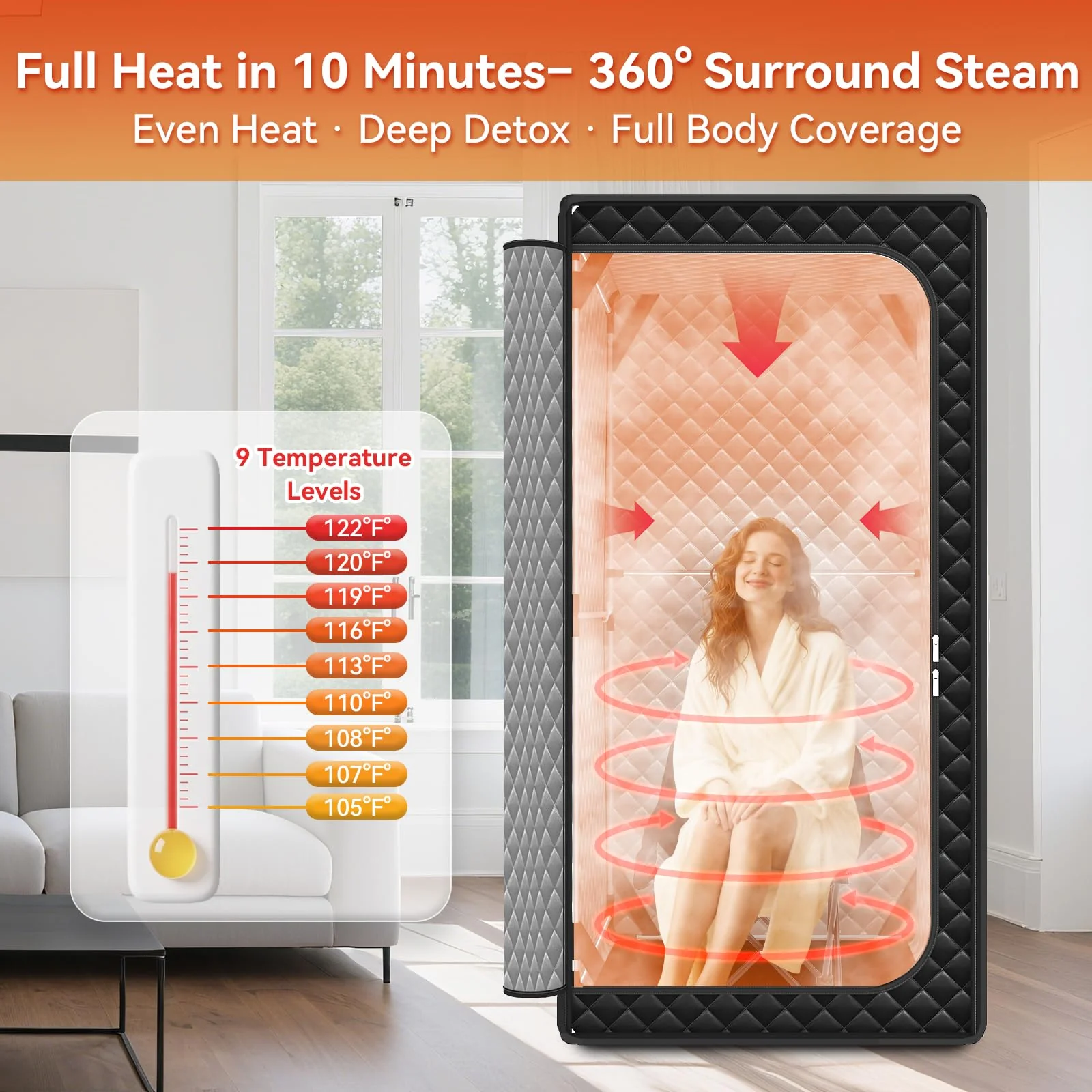 Gozuna Upgraded Portable Sauna for Home, Large Size Personal Sauna Box with 3L 1300W Steamer, Big Folding Chair, 9 Levels Heat, Full Body Steam Room Tent for Home Relaxation Spa 3'x3'x5.9' Black - Image 9
