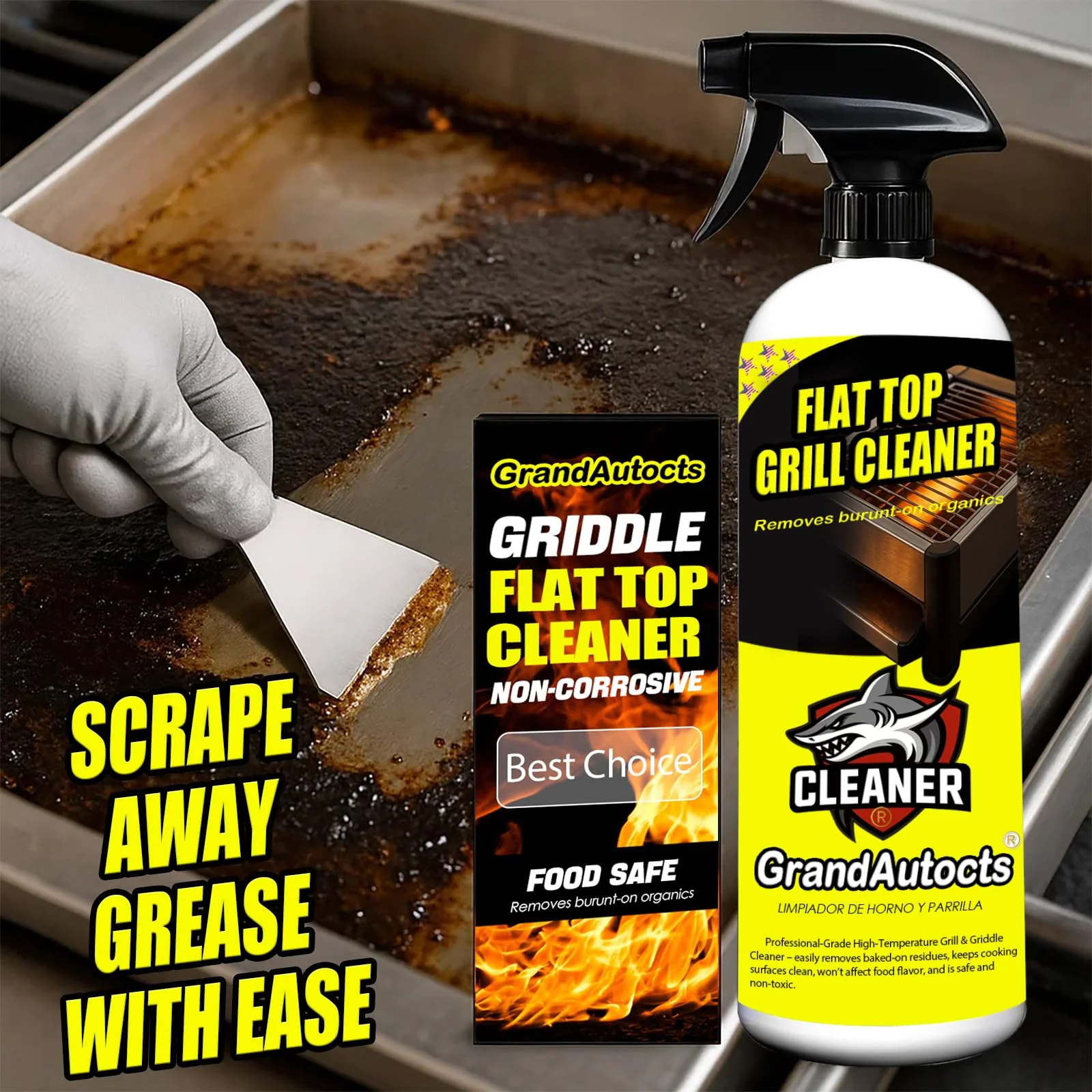 GrandAutocts Flat Top Grill Cleaner Kit， Grill & Griddle Cleaner - Non-Toxic Food Safe & Non-Caustic Formula, Removes Burnt-On Grease/Carbon (2 Pcs + Cleaning Tools) - Image 3