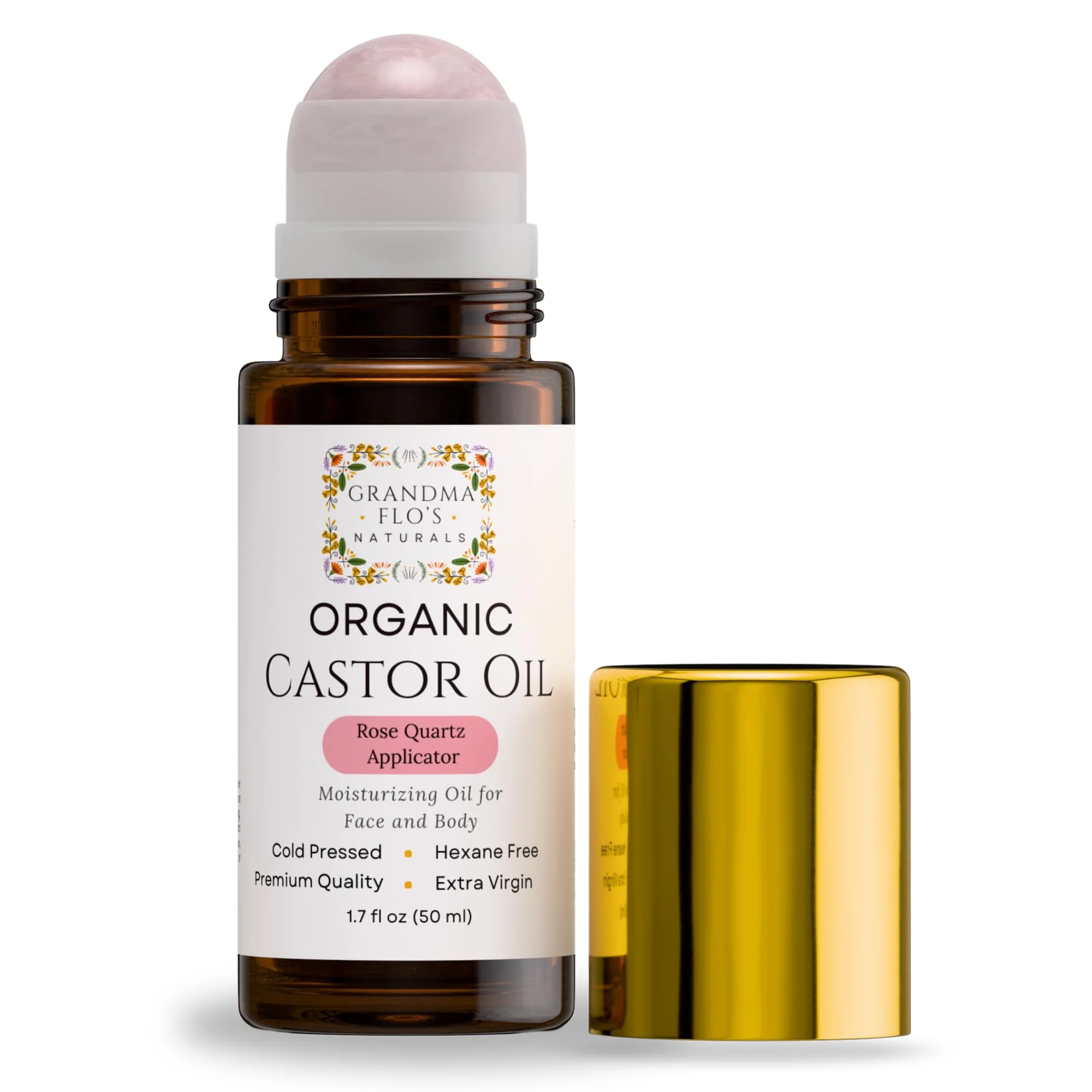 Grandma Flo's Naturals Organic Castor Oil with Rose Quartz Roll On For Face and Body - Glass Bottle, Cold Pressed, Hexane Free, Unrefined - Stimulate Hair Growth, Moisturize Skin (50ml) - Image 2