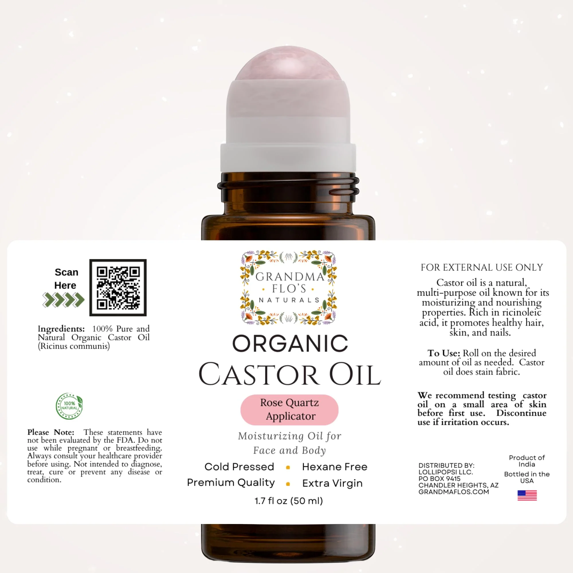Grandma Flo's Naturals Organic Castor Oil with Rose Quartz Roll On For Face and Body - Glass Bottle, Cold Pressed, Hexane Free, Unrefined - Stimulate Hair Growth, Moisturize Skin (50ml) - Image 3