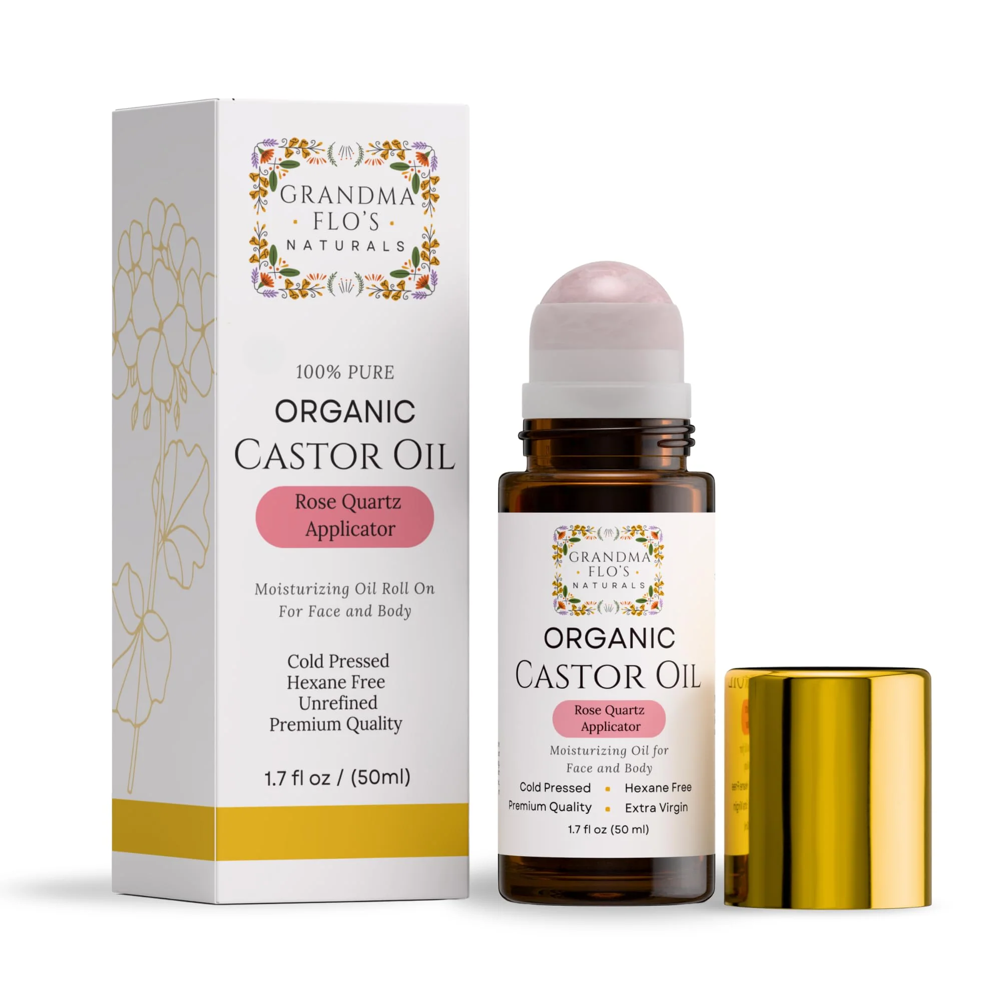Grandma Flo's Naturals Organic Castor Oil with Rose Quartz Roll On For Face and Body - Glass Bottle, Cold Pressed, Hexane Free, Unrefined - Stimulate Hair Growth, Moisturize Skin (50ml) - Image 4