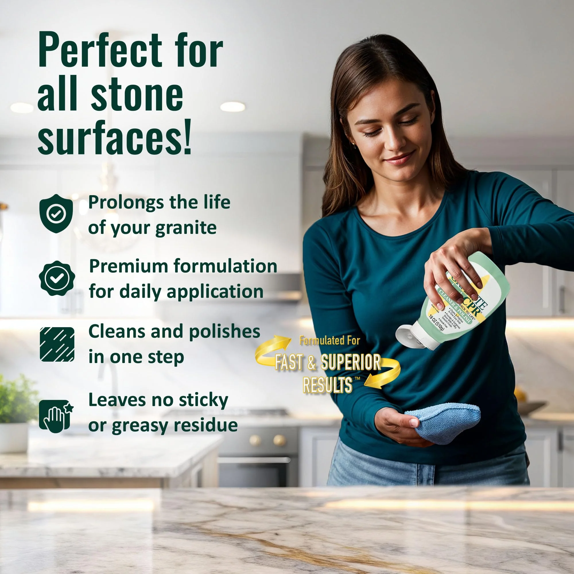 Granite CPR Cleaner & Polish Can Be Used Daily On Granite, Marble, Quartz & Corian. Leaves A Gorgeous Streak-Free Shine & Silky Smooth Finish. Cleans & Polishes All Stone Countertops In One Easy Step. - Image 4