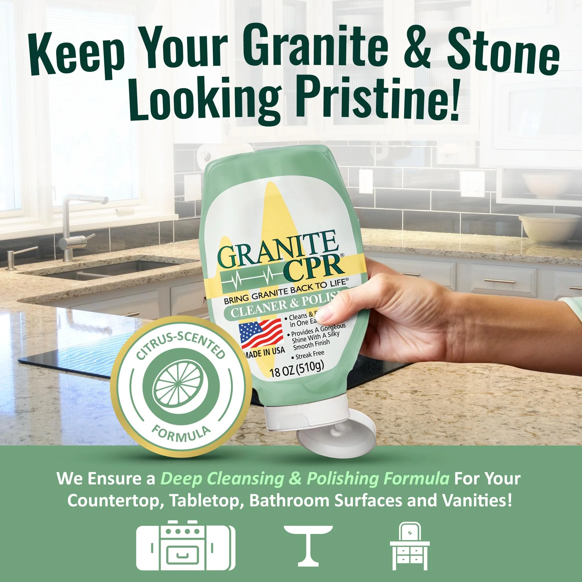 Granite CPR Cleaner & Polish Can Be Used Daily On Granite, Marble, Quartz & Corian. Leaves A Gorgeous Streak-Free Shine & Silky Smooth Finish. Cleans & Polishes All Stone Countertops In One Easy Step. - Image 8