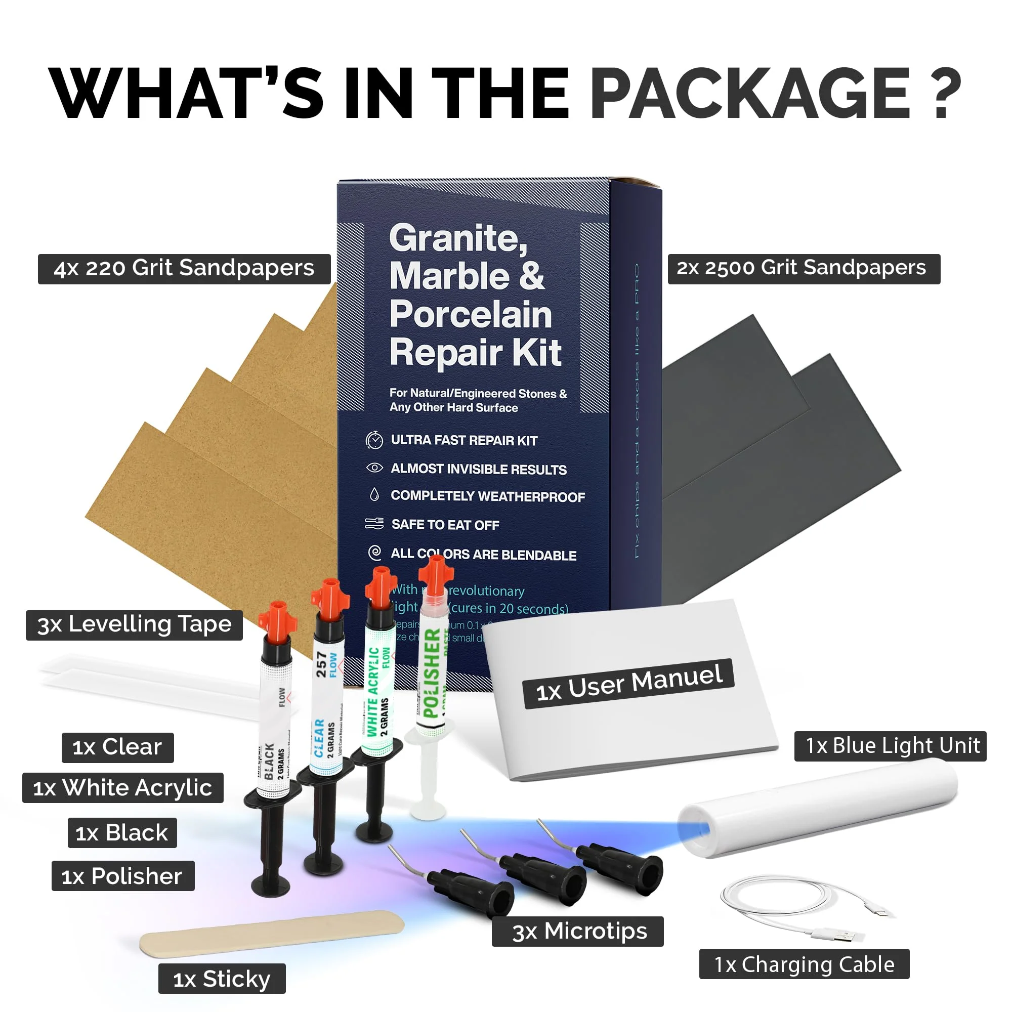 Granite, Marble & Corian Repair Kit (Clear, Black & Acrylic) - Ideal as Quartz Countertop Repair Kit I Works Great for Marble, Porcelain, Ceramic & Granite Surfaces I Also for Bathtub & Tile Repair