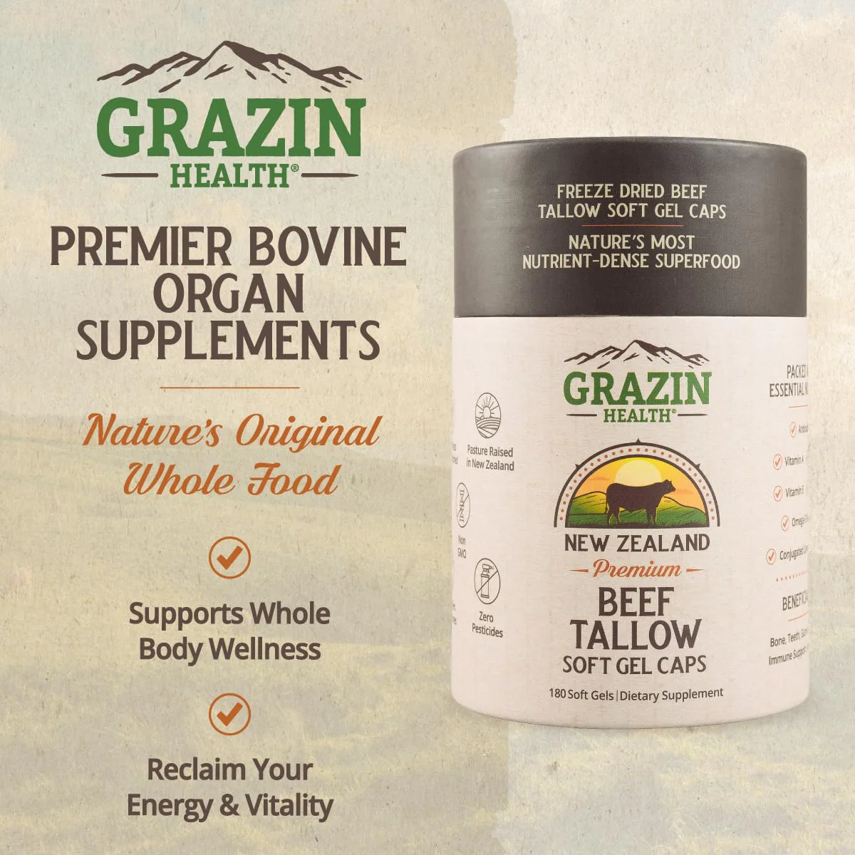 GRAZIN HEALTH Beef Brain Capsules | Freeze-Dried Bovine Brain & Organ Blend from Grass-Fed Cattle | Non-GMO, Hormone-Free Supplement | 1500mg Brain + 1500mg Liver Blend per Serving | 30 Servings - Image 2