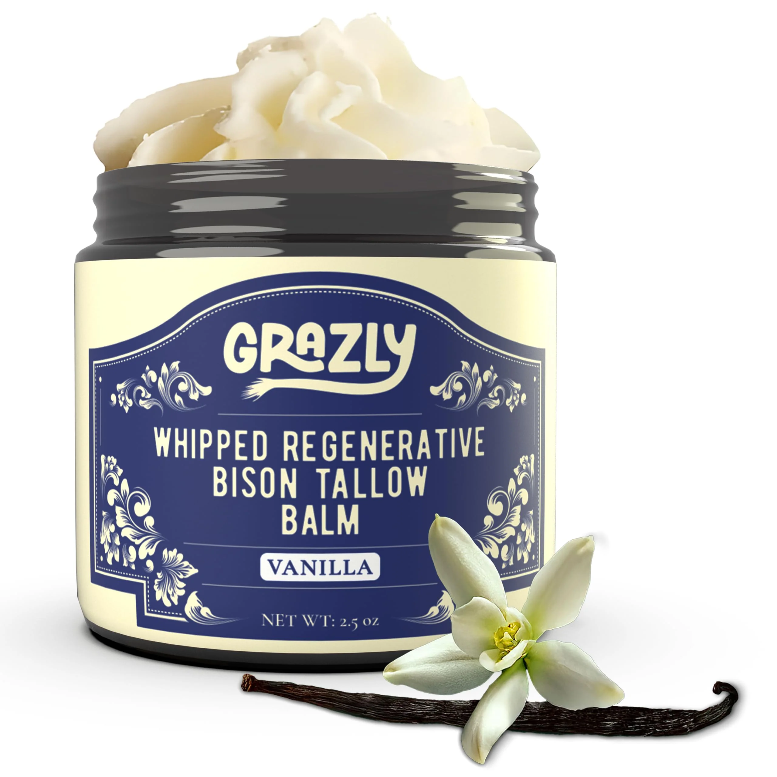 Grazly Whipped Bison Tallow Balm w/Manuka Honey, Jojoba, Organic Vanilla - Grass-Fed & Finished Organic Tallow Face Moisturizer - Face & Body Cream for Acne-Prone Skin - Nourishing Skincare (2.5 oz)