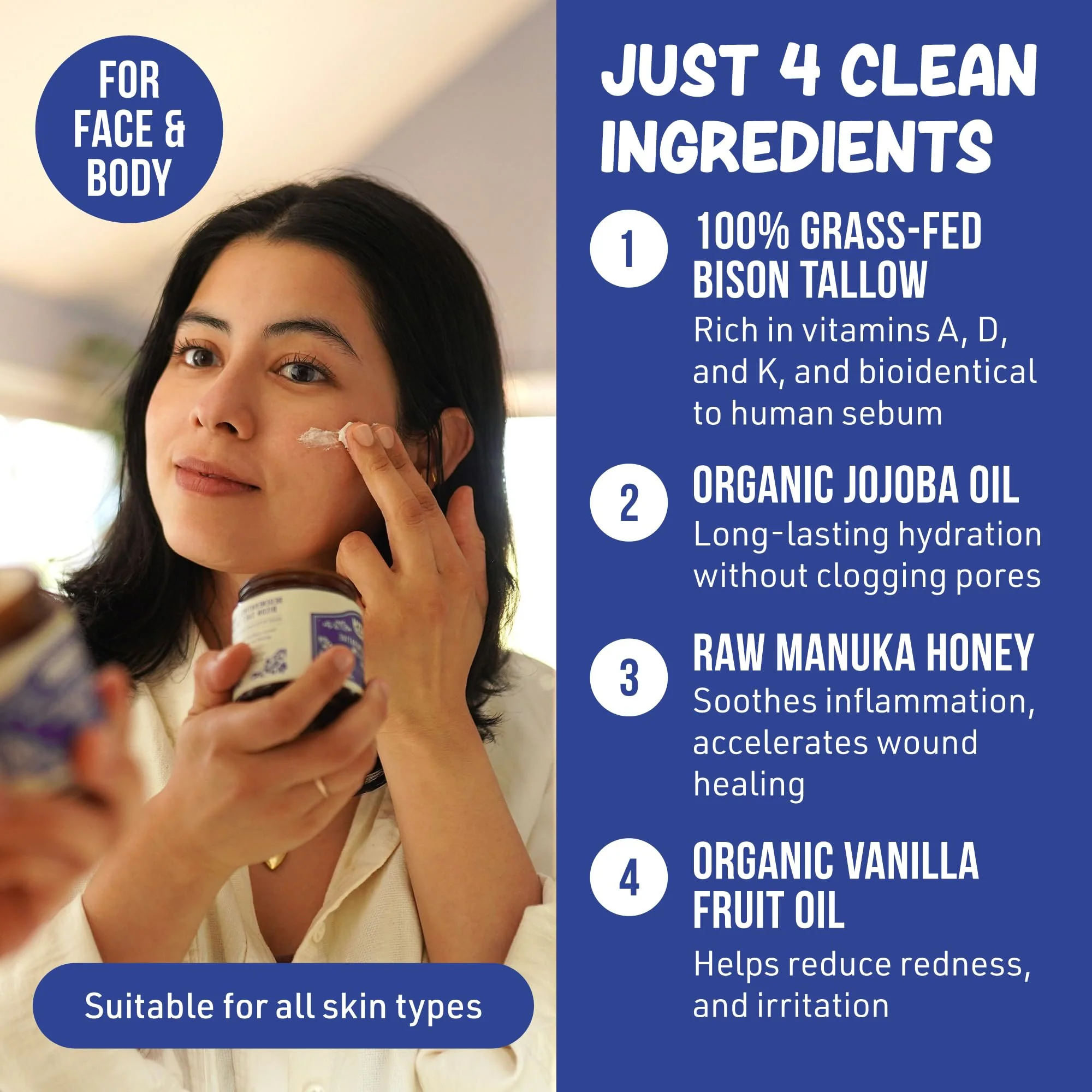 Grazly Whipped Bison Tallow Balm w/Manuka Honey, Jojoba, Organic Vanilla - Grass-Fed & Finished Organic Tallow Face Moisturizer - Face & Body Cream for Acne-Prone Skin - Nourishing Skincare (2.5 oz) - Image 7