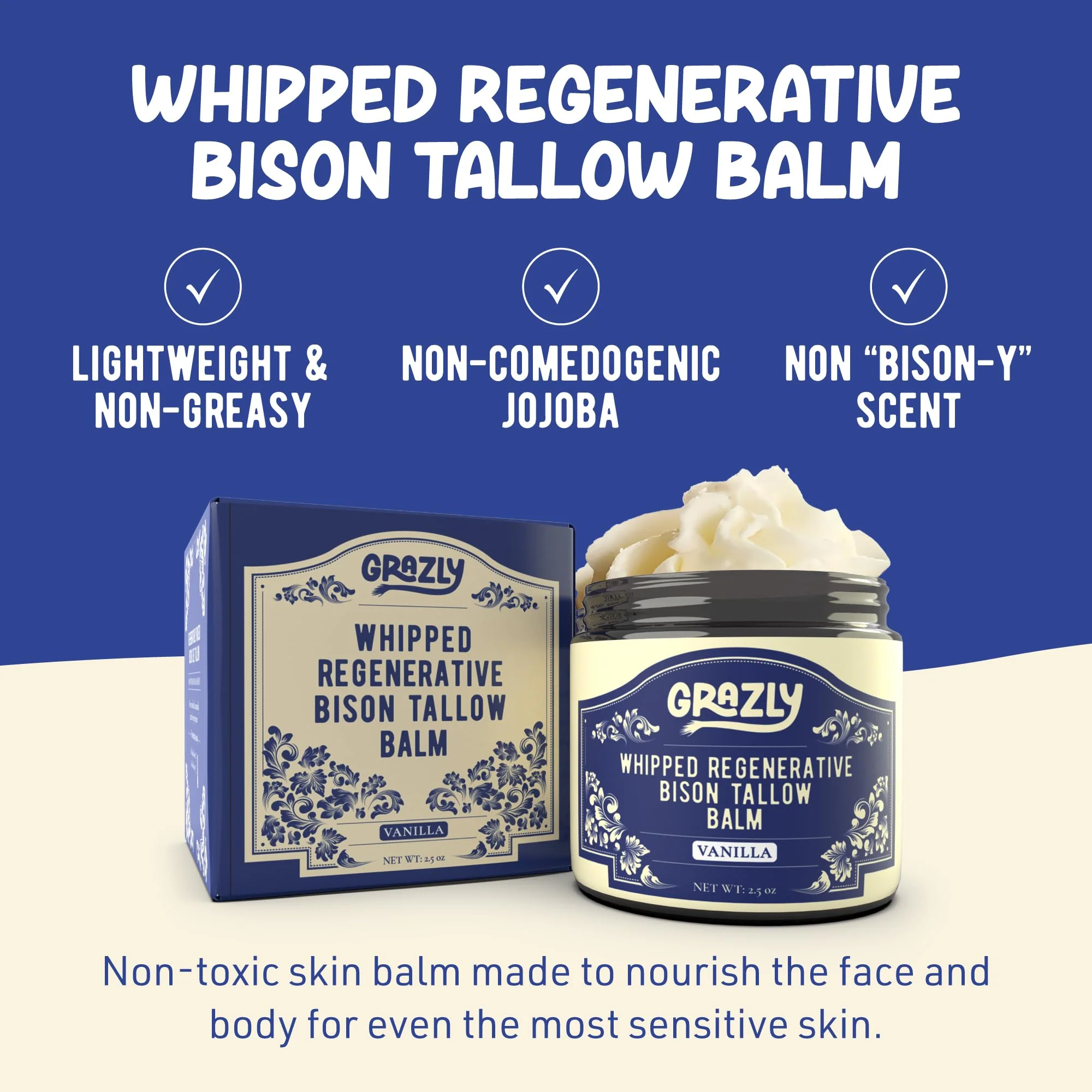 Grazly Whipped Bison Tallow Balm w/Manuka Honey, Jojoba, Organic Vanilla - Grass-Fed & Finished Organic Tallow Face Moisturizer - Face & Body Cream for Acne-Prone Skin - Nourishing Skincare (2.5 oz) - Image 8
