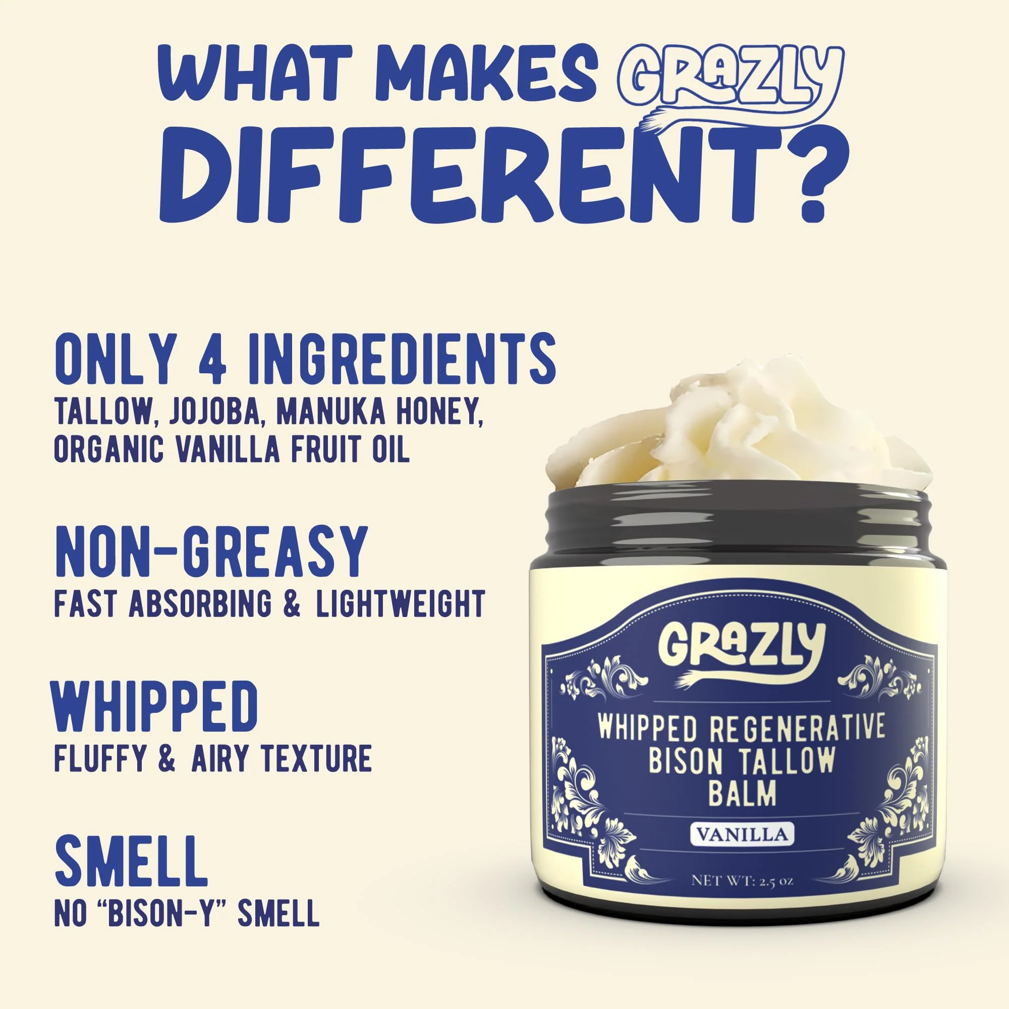 Grazly Whipped Bison Tallow Balm w/Manuka Honey, Jojoba, Organic Vanilla - Grass-Fed & Finished Organic Tallow Face Moisturizer - Face & Body Cream for Acne-Prone Skin - Nourishing Skincare (2.5 oz) - Image 9
