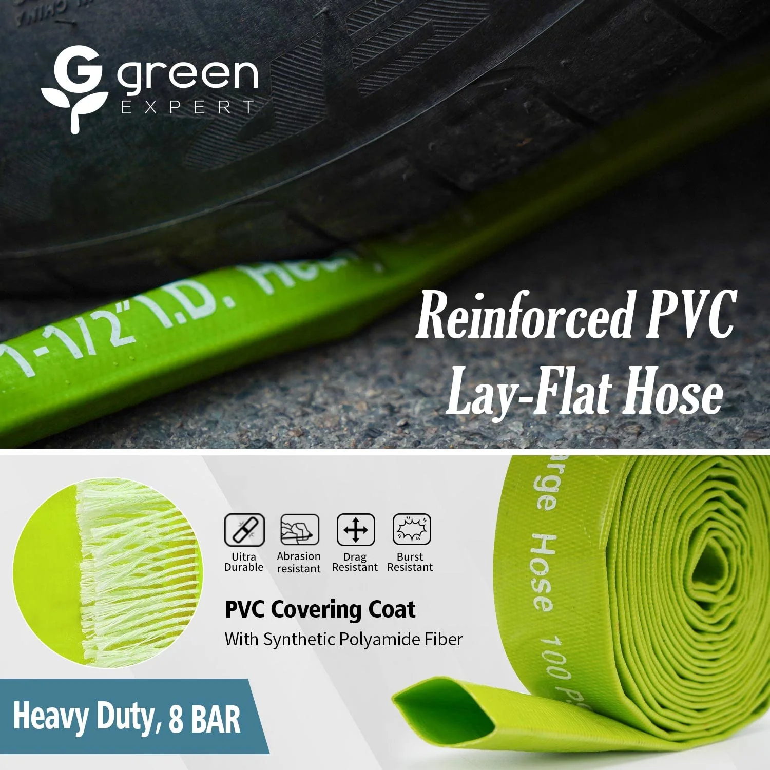 Green Expert 1-1/2" ID PVC Lay-flat Discharge Hose Heavy Duty for Pump Draining Pool Filter Backwash Garden Pond Flooded House Water Disposal, 50 Feet Length with Steel Clamp Kit - Image 5