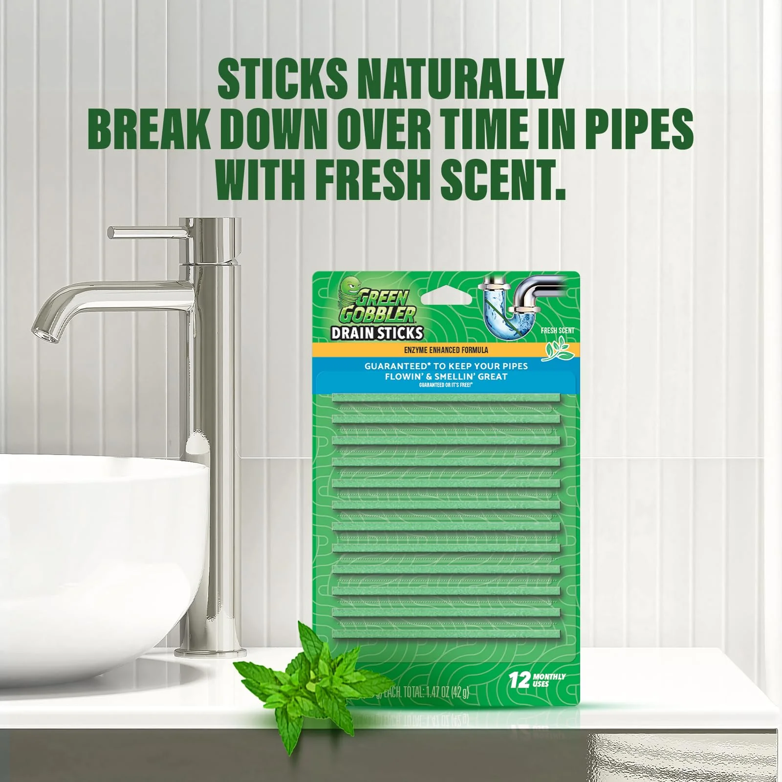 Green Gobbler Drain Cleaner & Deodorizer FRESH SCENT Sticks for Toilet Tanks, Sinks, Bathtub Drains, Washing Machine Drains and Garbage Disposals - 24 Pieces - Image 4