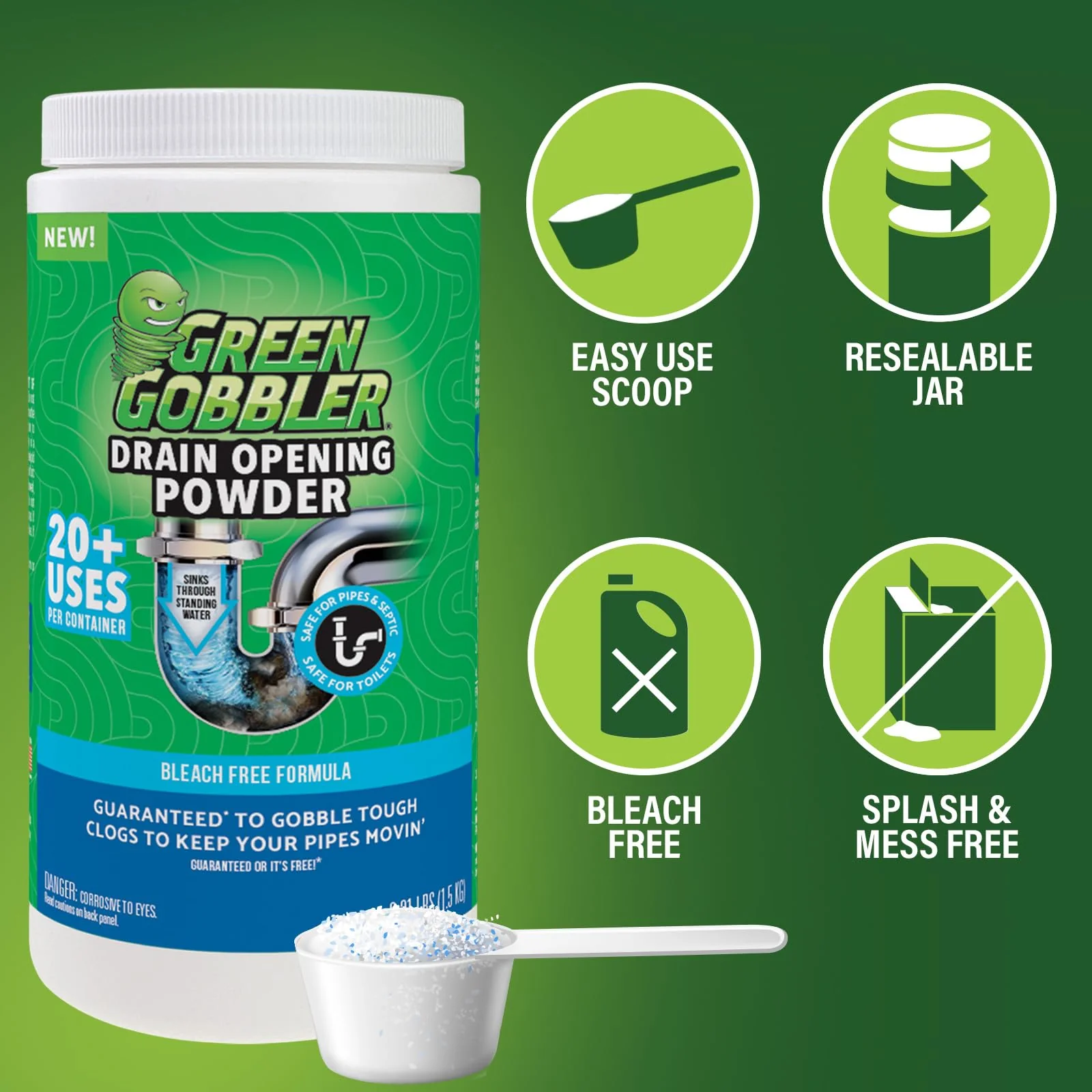 Green Gobbler Drain Clog Remover & Drain Cleaner Powder, 20+ Treatments, Maintenance Breaks Down Grease, Paper, Fat & Oil, Septic Safe - Image 7