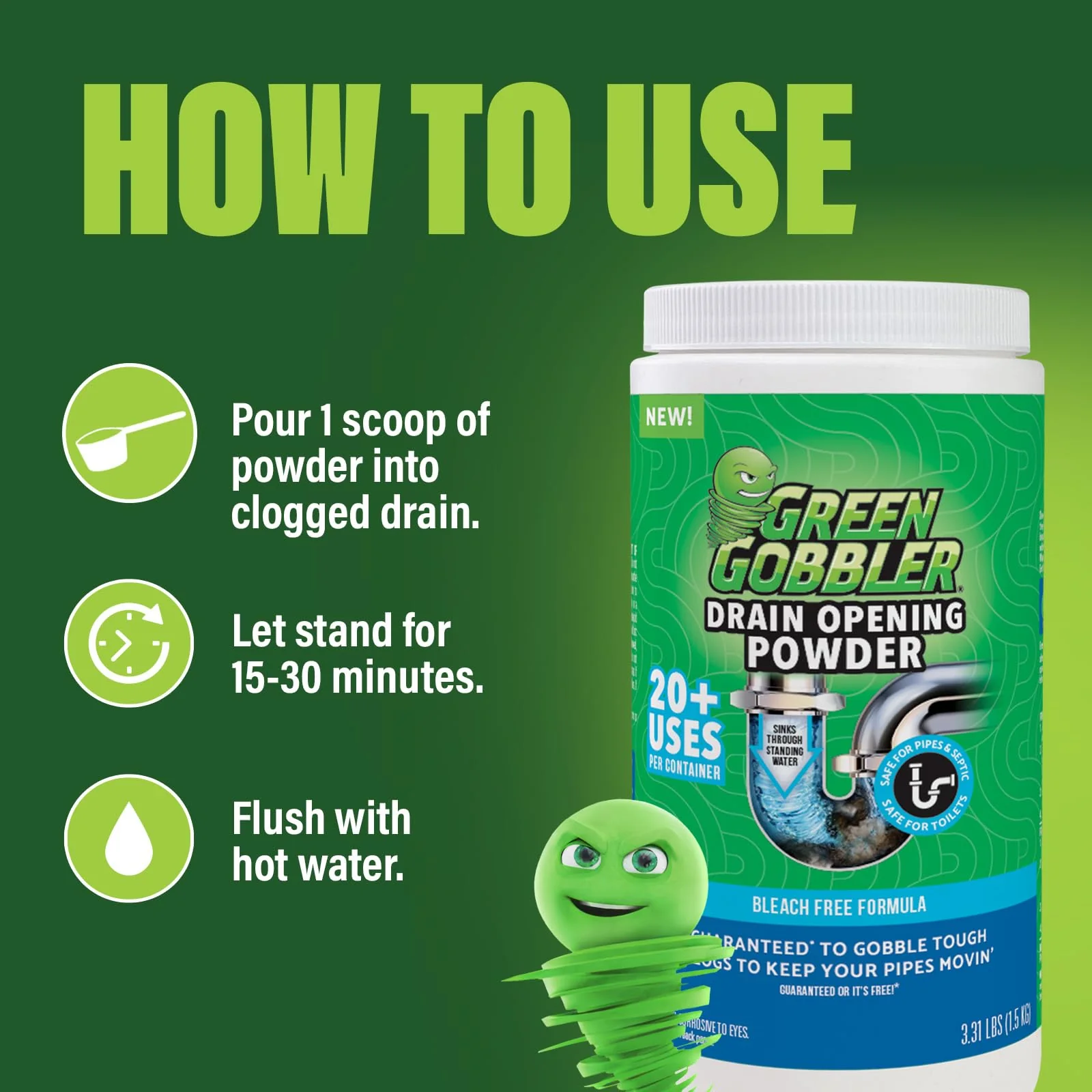 Green Gobbler Drain Clog Remover & Drain Cleaner Powder, 20+ Treatments, Maintenance Breaks Down Grease, Paper, Fat & Oil, Septic Safe - Image 8