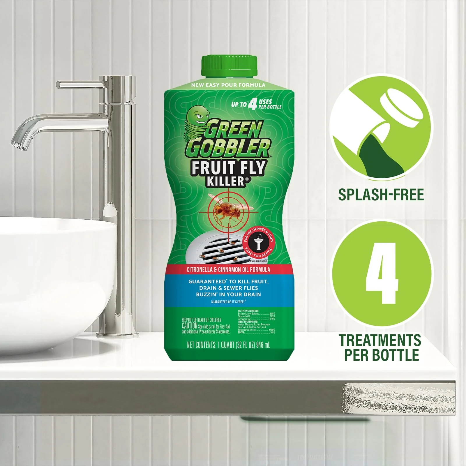 Green Gobbler Fruit Fly Killer+ - Kills Fruit Flies, Drain Flies & Sewer Flies, Gel Treatment for Use in Sinks & Pipes - Safe for Septic Systems, 32oz - Up to 8 USES (2 Pack) - Image 6