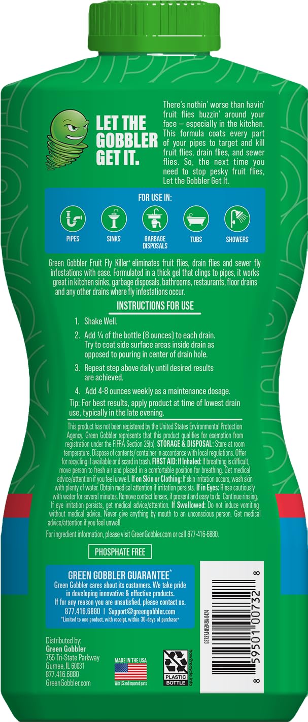 Green Gobbler Fruit Fly Killer+ - Kills Fruit Flies, Drain Flies & Sewer Flies, Gel Treatment for Use in Sinks & Pipes - Safe for Septic Systems, 32oz - Up to 8 USES (2 Pack) - Image 9