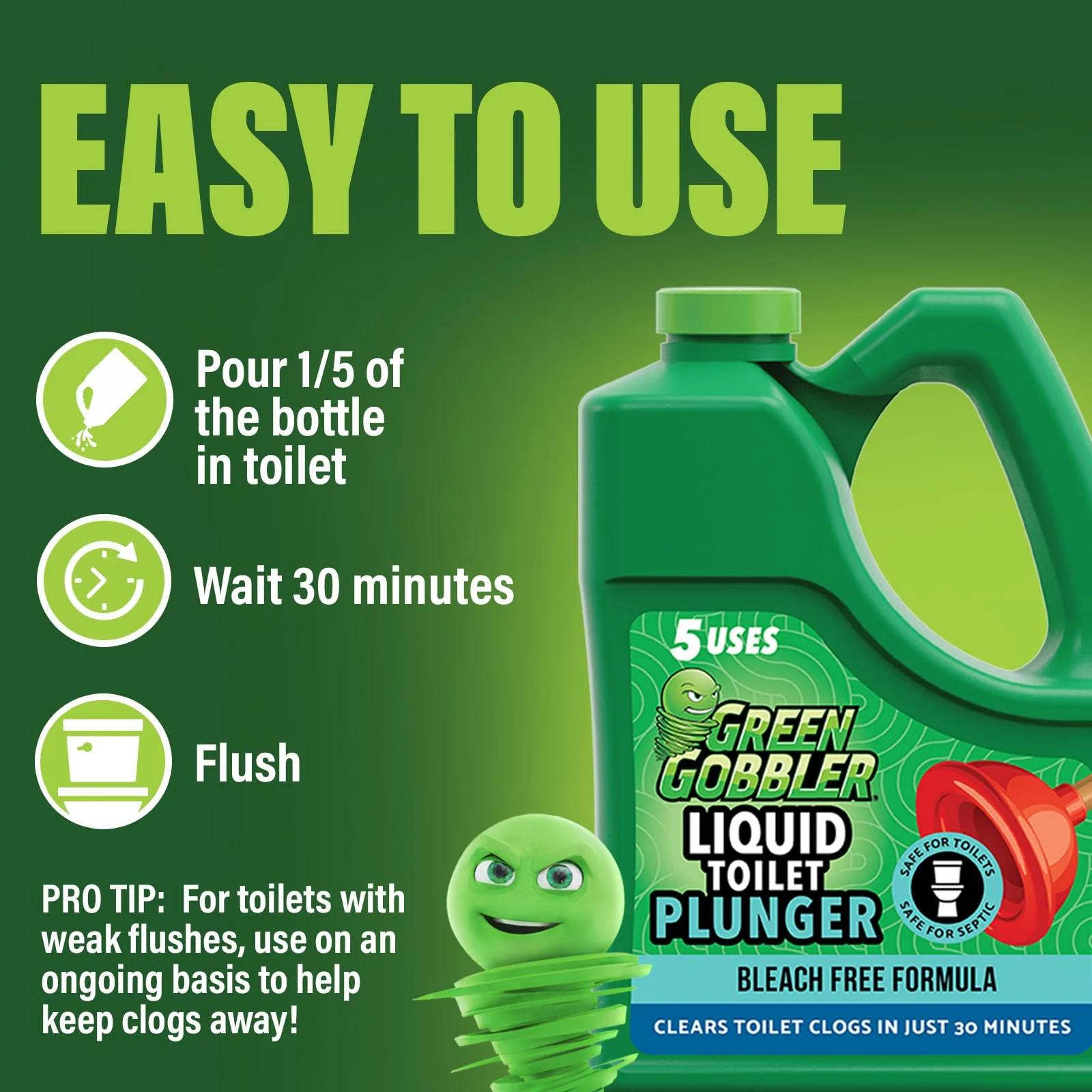 Green Gobbler Liquid Toilet Plunger | Clog Remover | Safe for Toilets and Septic | No Plunger Needed | 5 Uses - Image 2