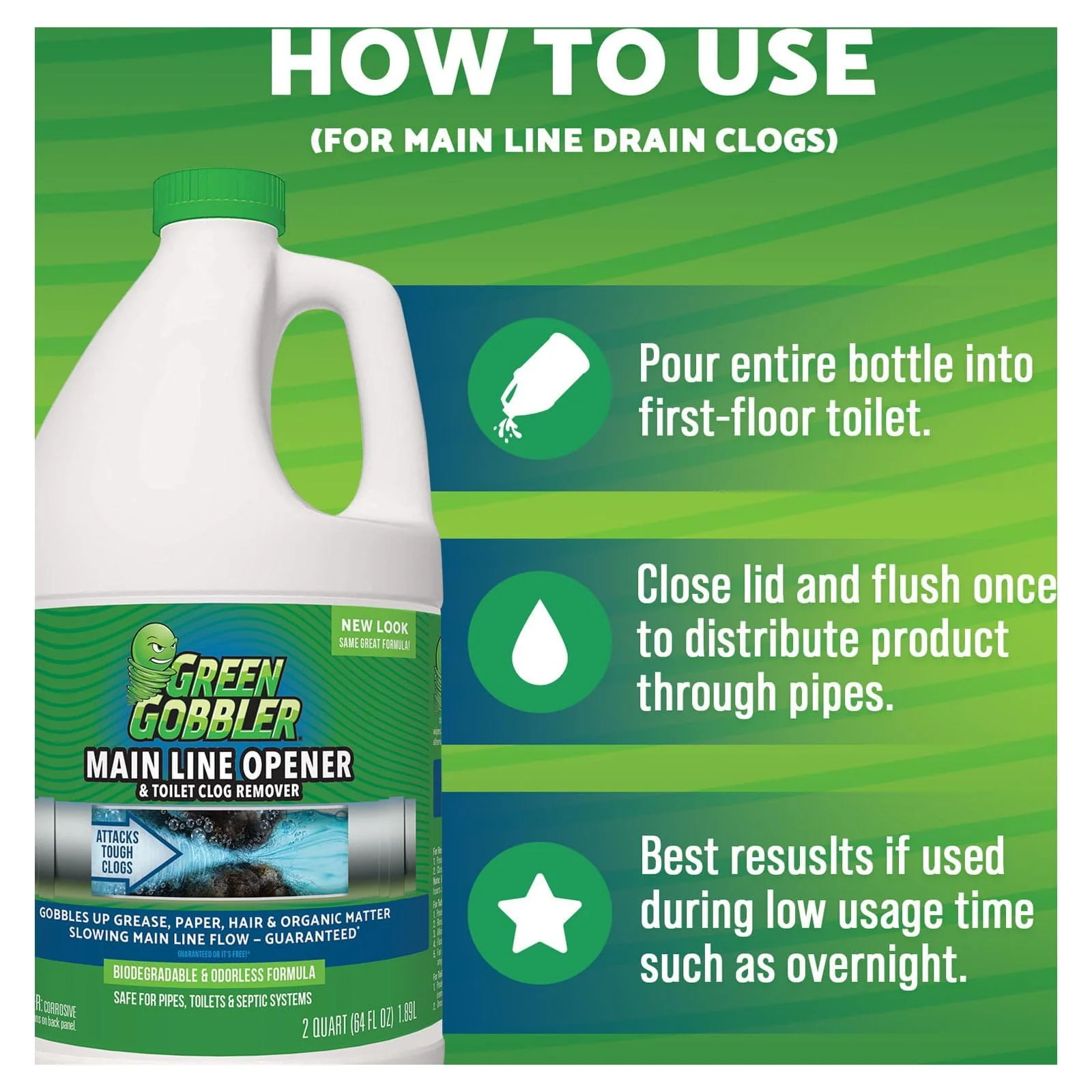 Green Gobbler Ultimate Main Drain Opener | Drain cleaner Hair Clog Remover | Works On Main Lines, Sinks, Tubs, Toilets, Showers, Kitchen Sinks | 64 fl. oz. - Image 7