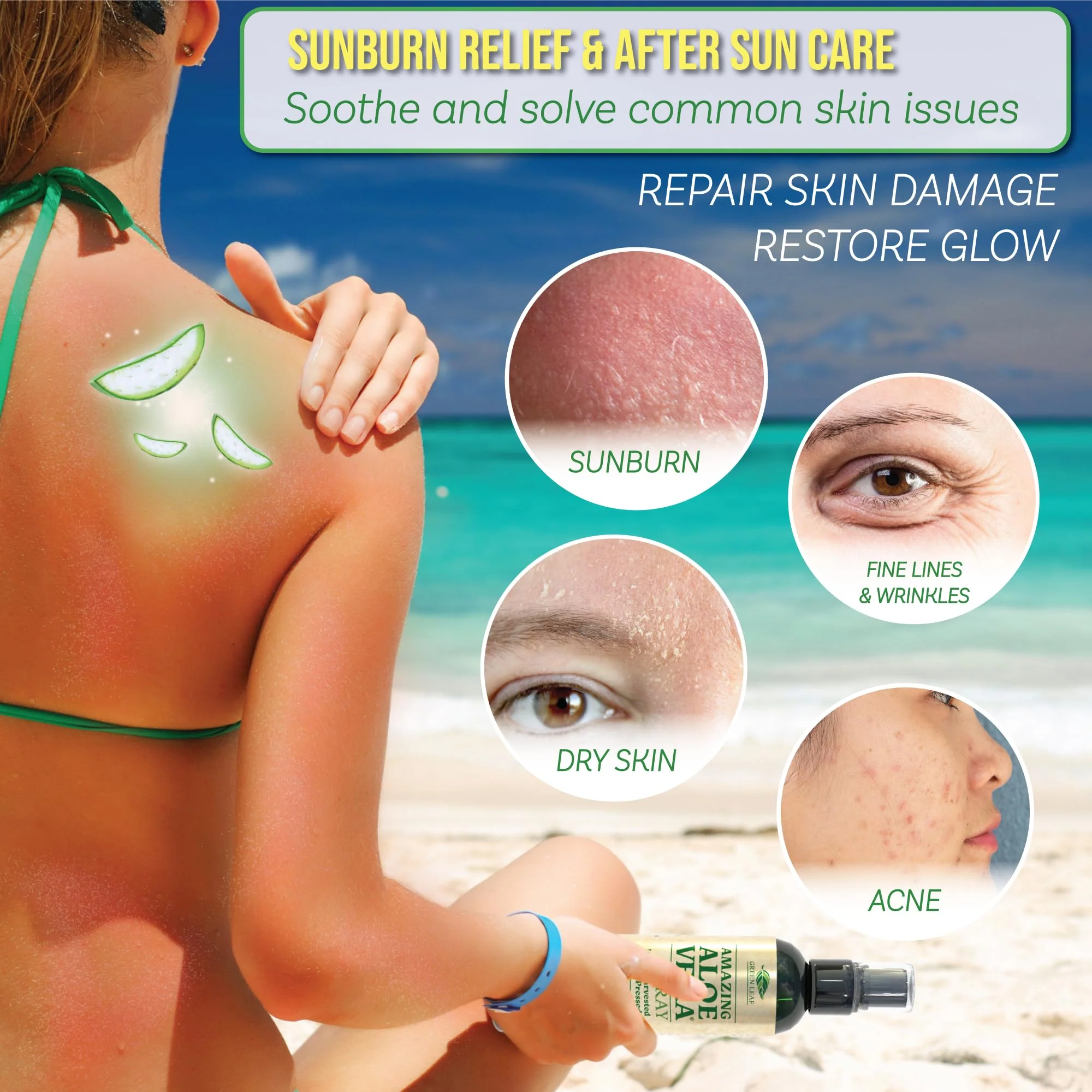 Green Leaf Naturals Aloe Vera Spray | 99% Cold-Pressed Aloe Vera Juice with Vitamin C, E & A | Hair, Skin, Facial Moisturizer, Sunburn Relief & After Sun Lotion 8oz - Image 9