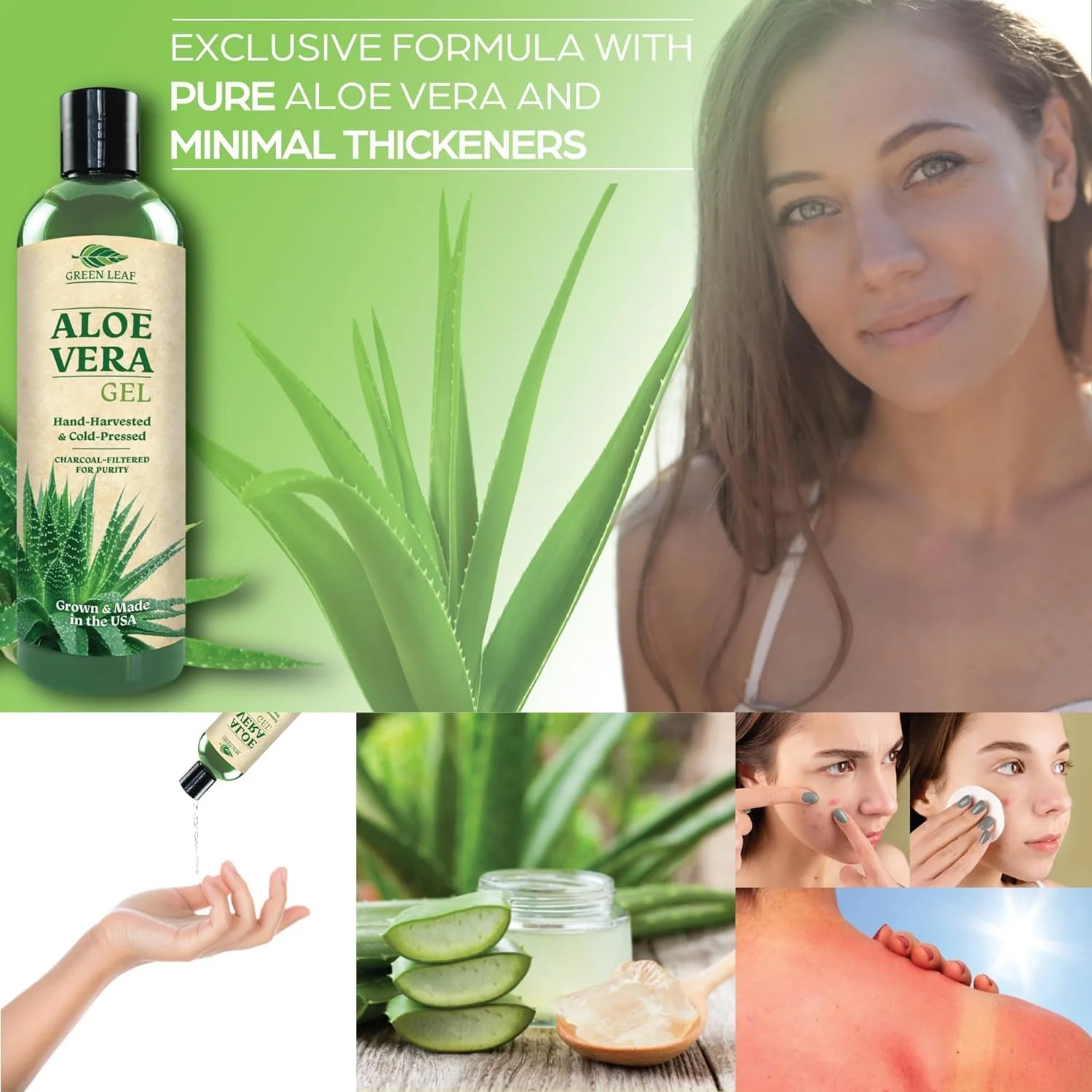 Green Leaf Naturals Amazing Aloe Vera Gel - Freshly Cut, 100% Pure Aloe, Premium Quality, Vegan, Unscented - Natural Sunburn Relief, After Shave, Skin, Face & Hair Care (two 8oz bottles) 16oz - Image 5