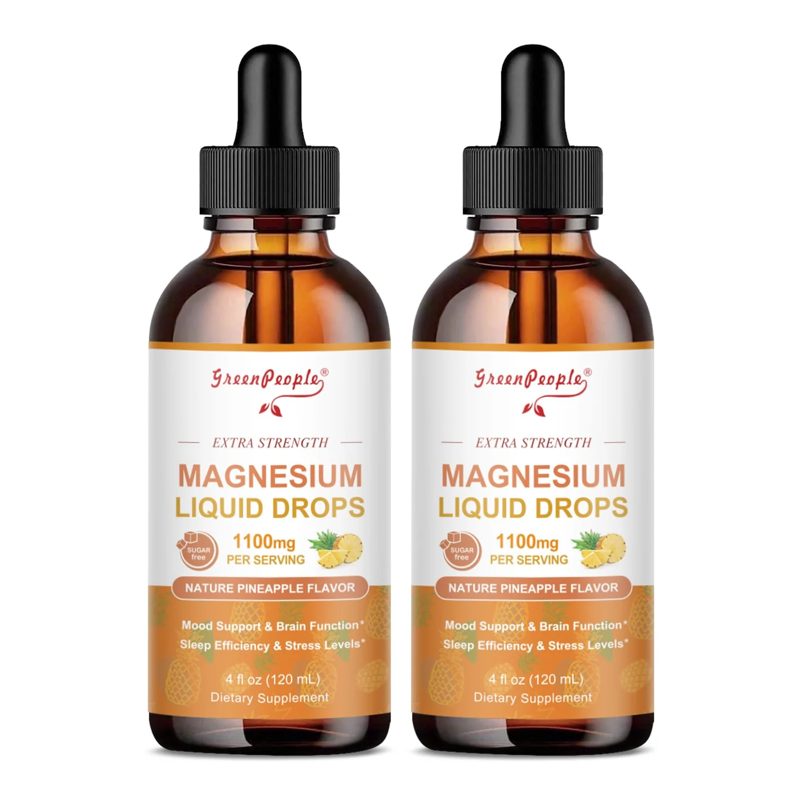 GREENPEOPLE 17-in-1 Triple Magnesium Complex Supplement,Magnesio Liquid Drops with Magnesium Glycinate & Citrate,Pineapple Flavor,Calm Mood,Muscle & Sleep for Adults,4 fl. oz 2Pack