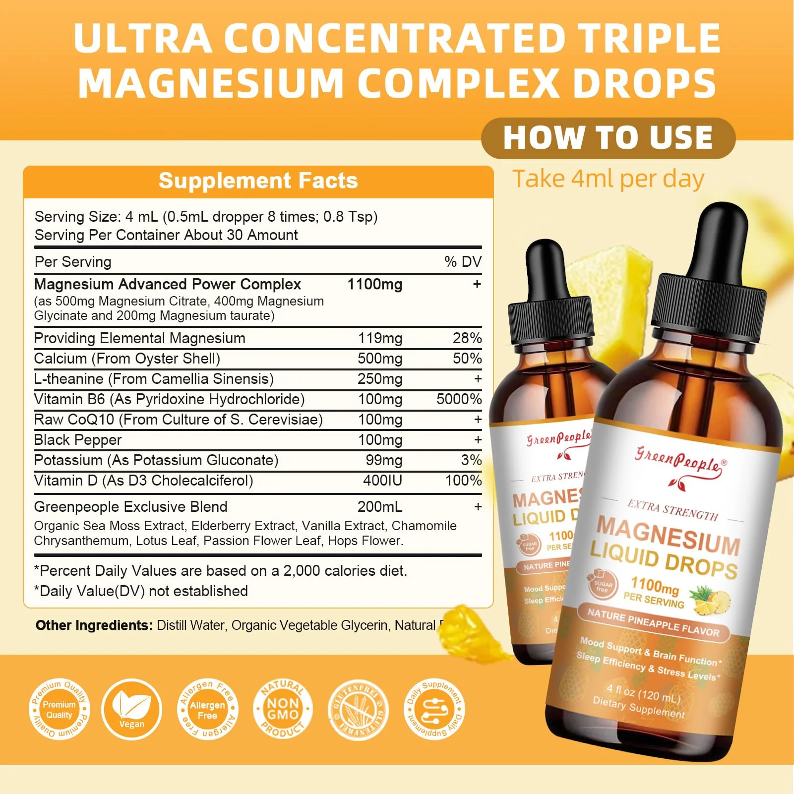 GREENPEOPLE 17-in-1 Triple Magnesium Complex Supplement,Magnesio Liquid Drops with Magnesium Glycinate & Citrate,Pineapple Flavor,Calm Mood,Muscle & Sleep for Adults,4 fl. oz 2Pack - Image 3