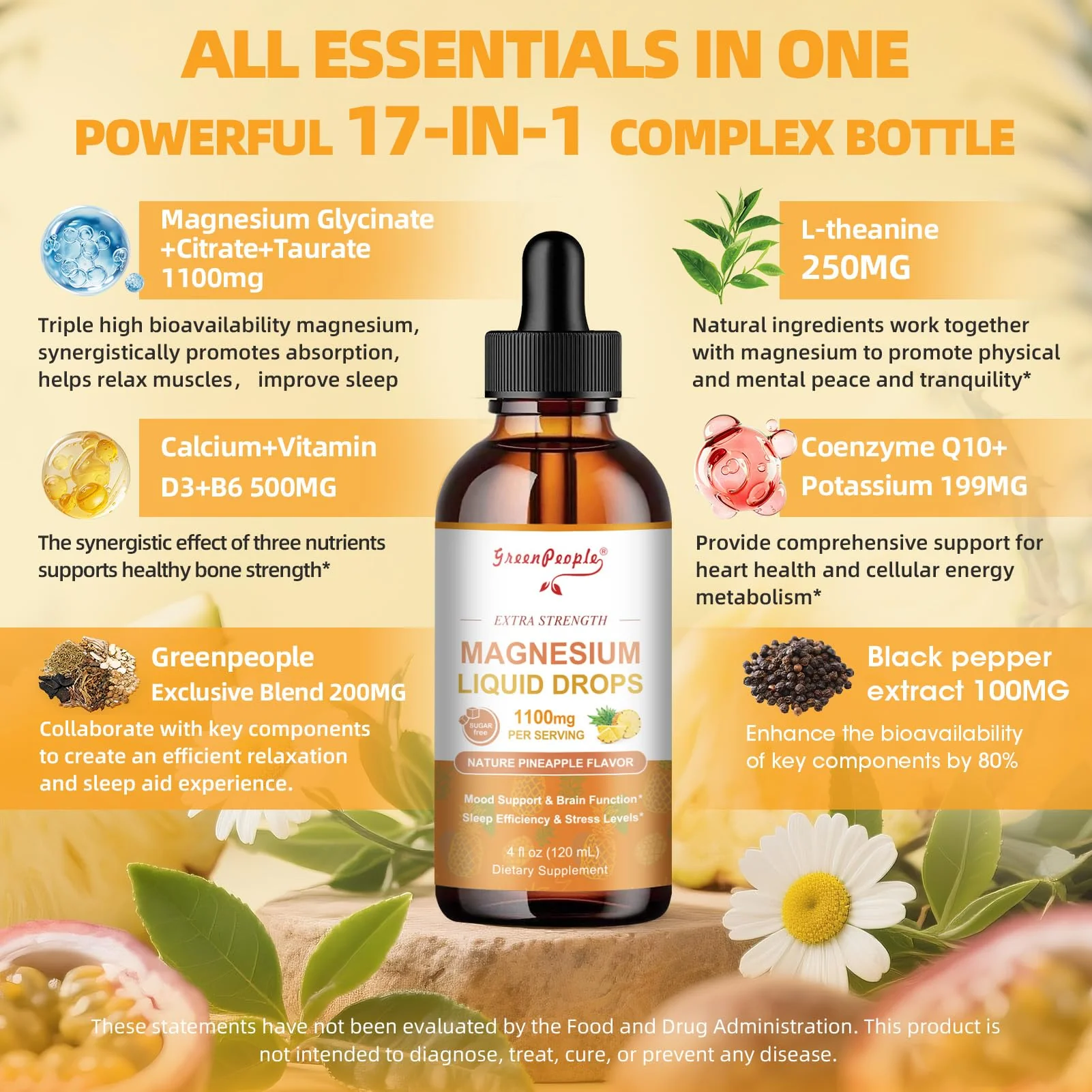 GREENPEOPLE 17-in-1 Triple Magnesium Complex Supplement,Magnesio Liquid Drops with Magnesium Glycinate & Citrate,Pineapple Flavor,Calm Mood,Muscle & Sleep for Adults,4 fl. oz 2Pack - Image 7