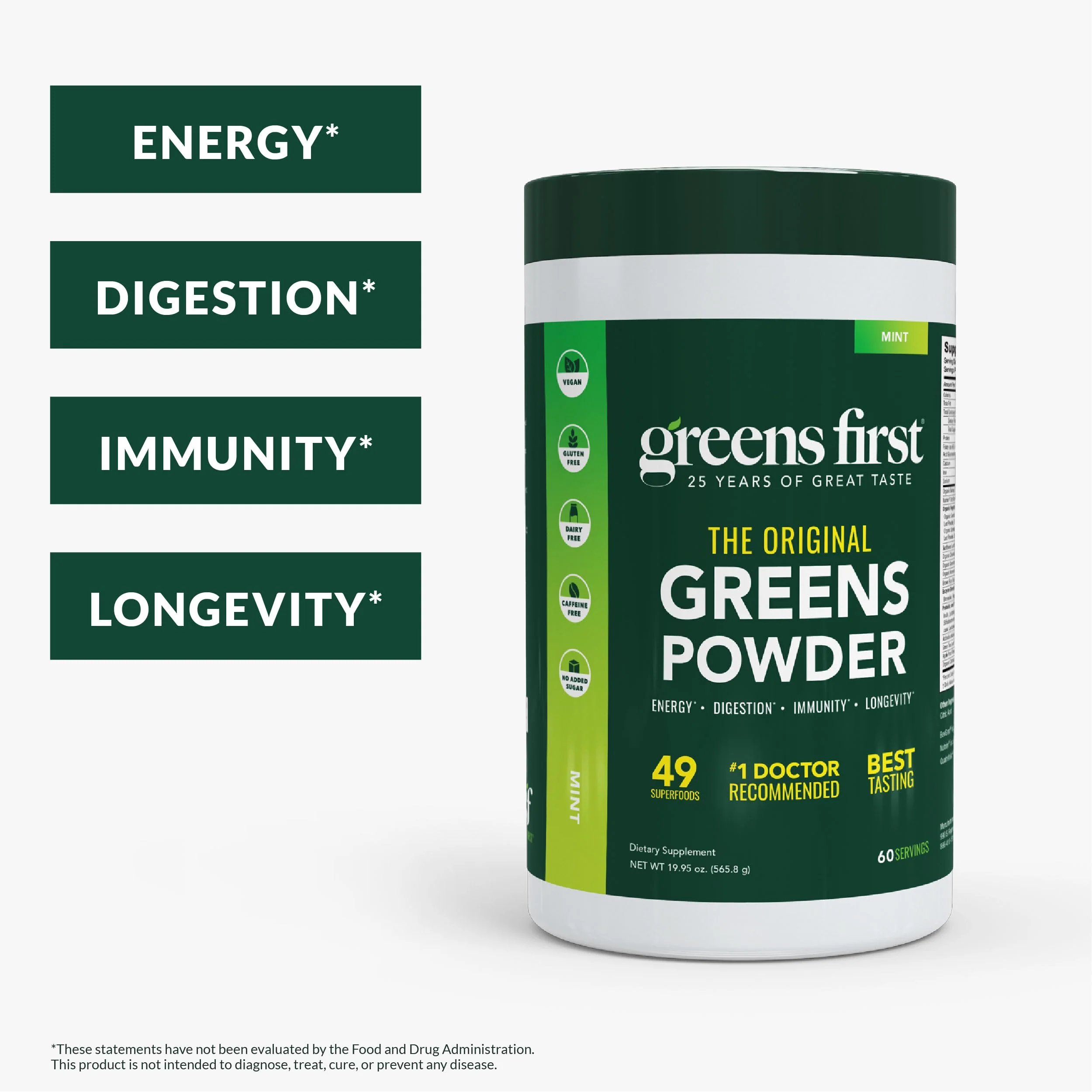 Greens First Original Greens Powder - 49 Superfoods - Organic Fruits & Veggies - Prebiotics, Probiotics & Digestive Enzymes - Antioxidant Smoothie - Dairy Free, Vegan & Non-GMO (Mint, 60 Servings) - Image 3
