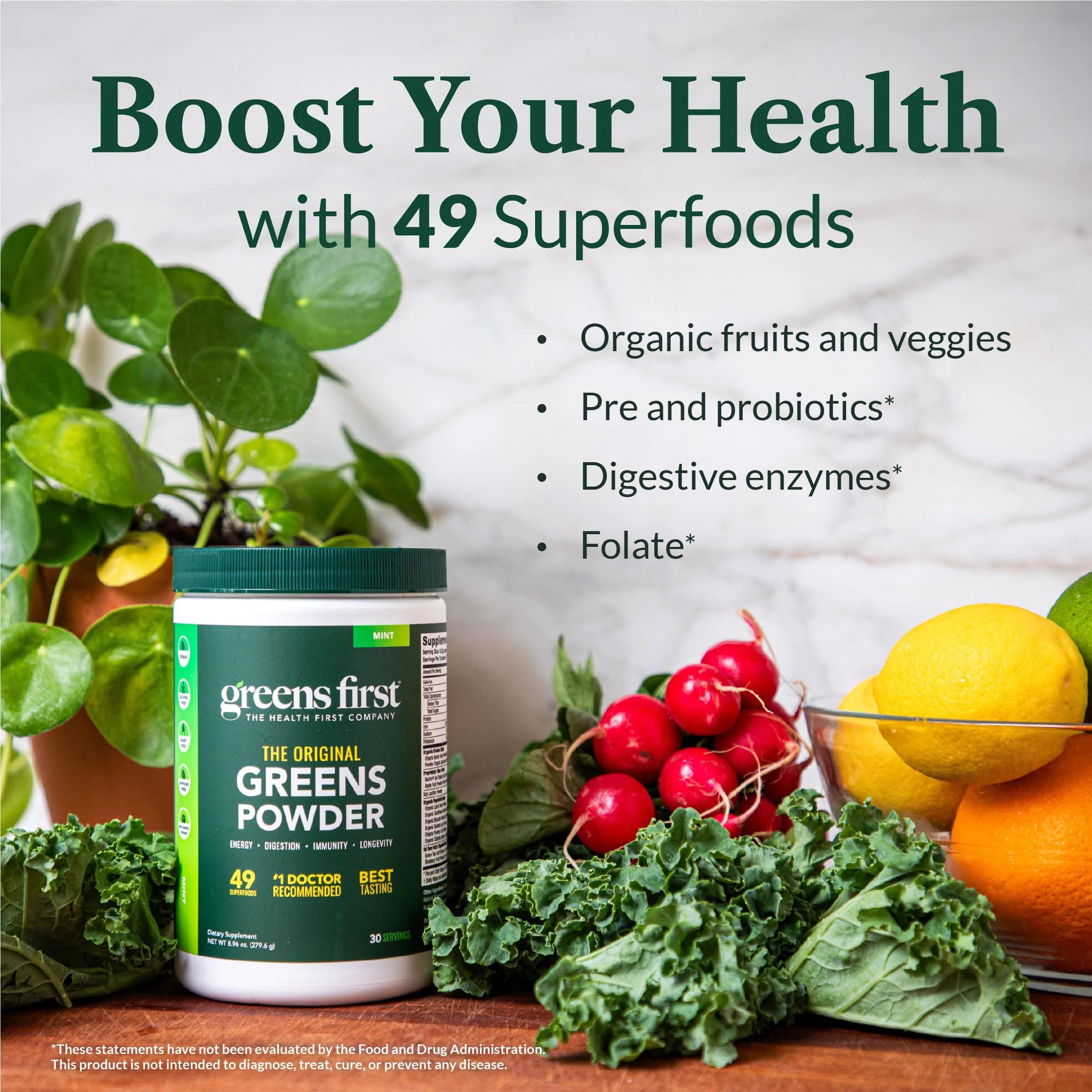 Greens First Original Greens Powder - 49 Superfoods - Organic Fruits & Veggies - Prebiotics, Probiotics & Digestive Enzymes - Antioxidant Smoothie - Dairy Free, Vegan & Non-GMO (Mint, 60 Servings) - Image 4