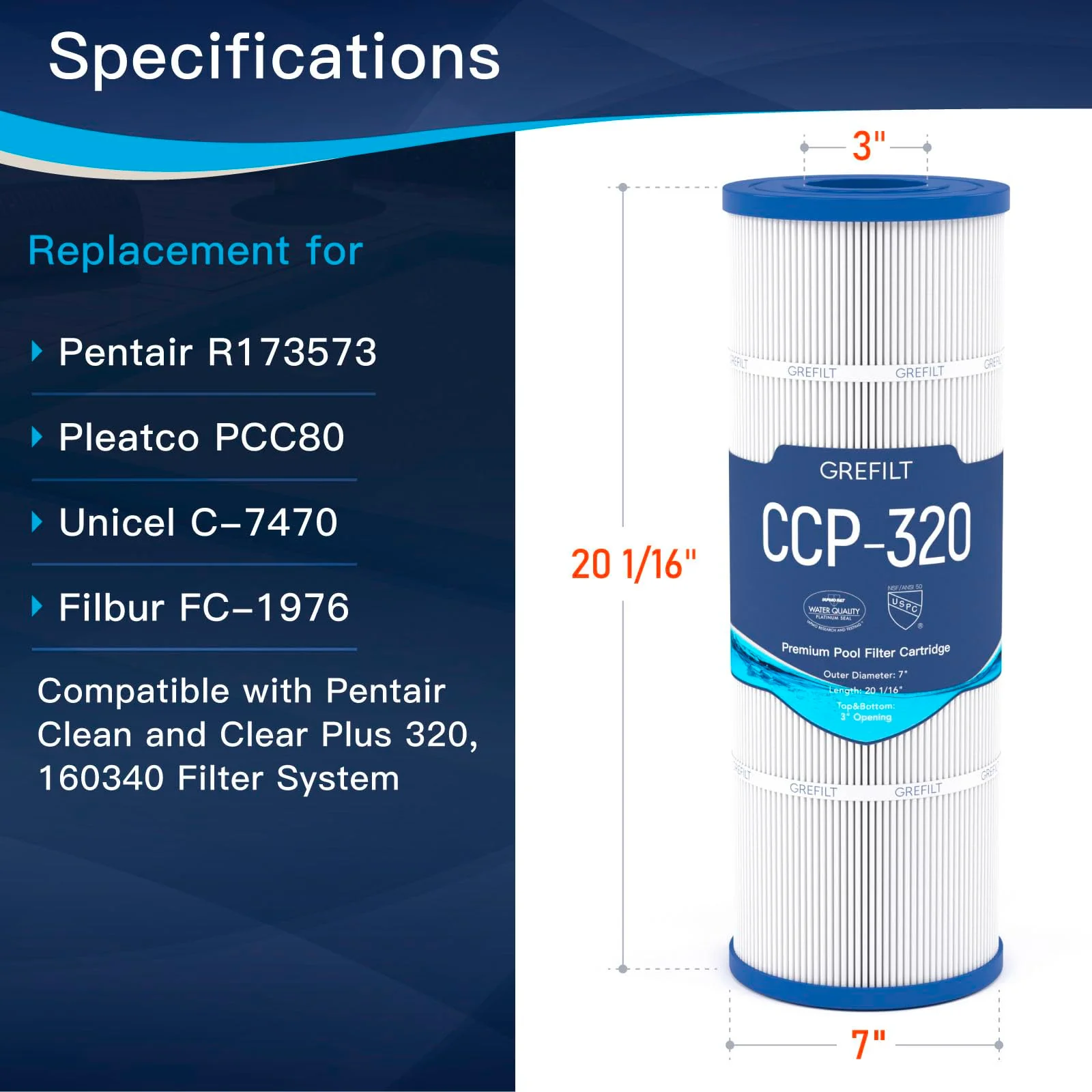 Grefilt 4-Pack CCP320 Pool Filter Cartridges, Compatible with Pentair Clean & Clear Plus 320, Replaces Pentair R173573, Pleatco PCC80-PAK4, 320 sq.ft - Image 7