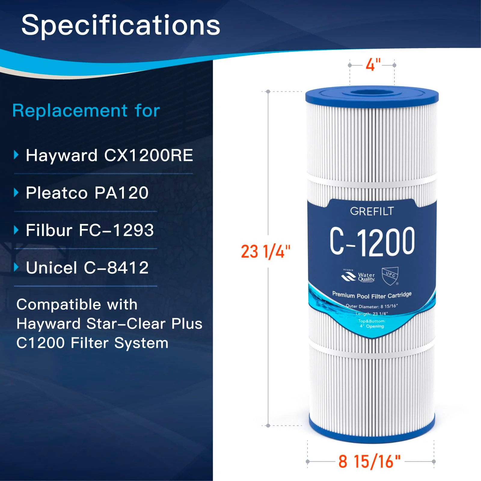Grefilt C1200 Pool Filter Cartridge - High Flow 120 sq.ft, Compatible with Hayward C1200/CX1200RE & Pleatco PA120 | OEM Fit (Fits Unicel C-8412, Filbur FC-1293) | 23.25"x8.94" OD - Image 7