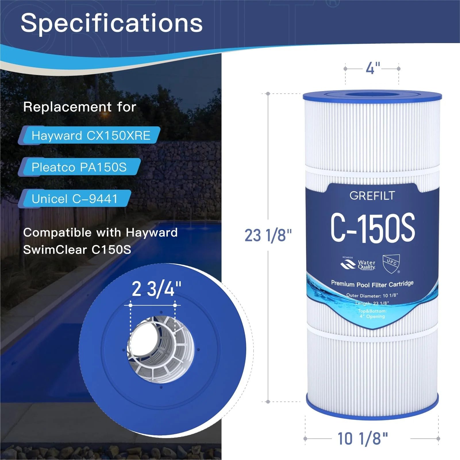 Grefilt C150S Pool Filter Cartridge, Compatible with Hayward CX150XRE, Hayward SwimClear C150S, Replaces Pleatco PA150S, Ultral-D4, 150 sq.ft - Image 7