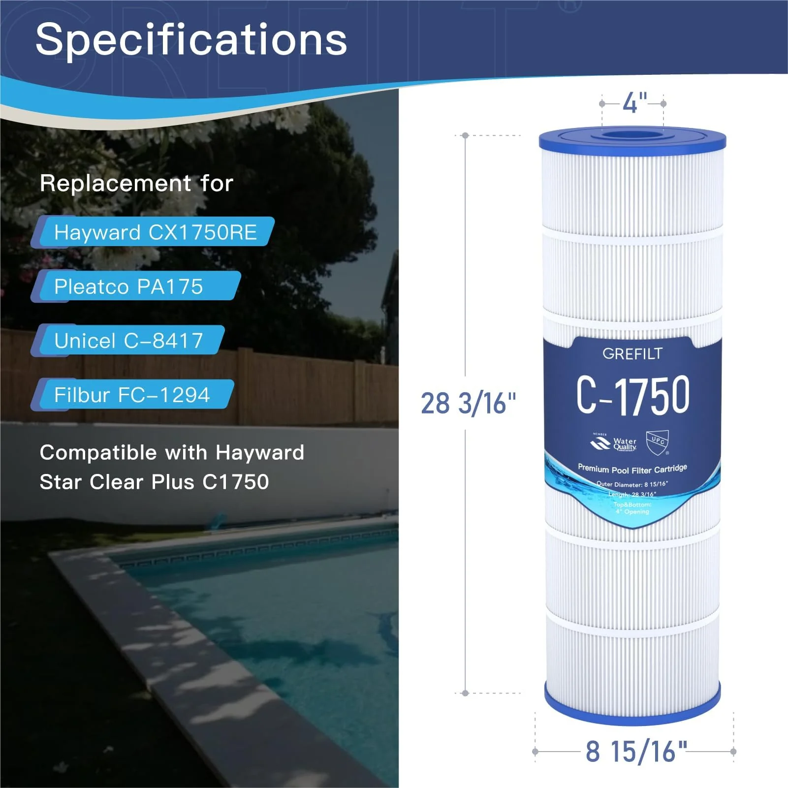 Grefilt C1750 Pool Filter Cartridge, Compatible with Hayward C1750, CX1750RE, Replacement for Pleatco PA175, Unicel C-8417, Filbur FC-1294, Sta-Rite PXC175, 175 sq.ft, Dimensions: 28 3/16" x 8 15/16" - Image 7