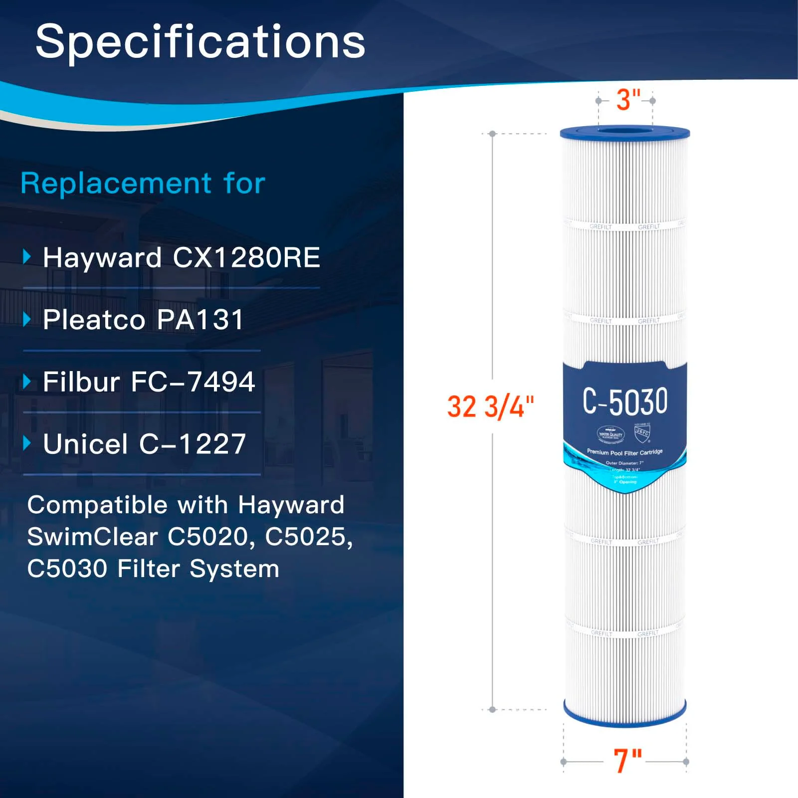 Grefilt C5030 Pool Filter Cartridges, Compatible with Hayward SwimClear C5030, C5020, C5025, Replaces Hayward CX1280XRE, Pleatco PA131-PAK4, Unicel C-7494, Filbur FC-1227, 524 sq. ft, 4-Pack - Image 7