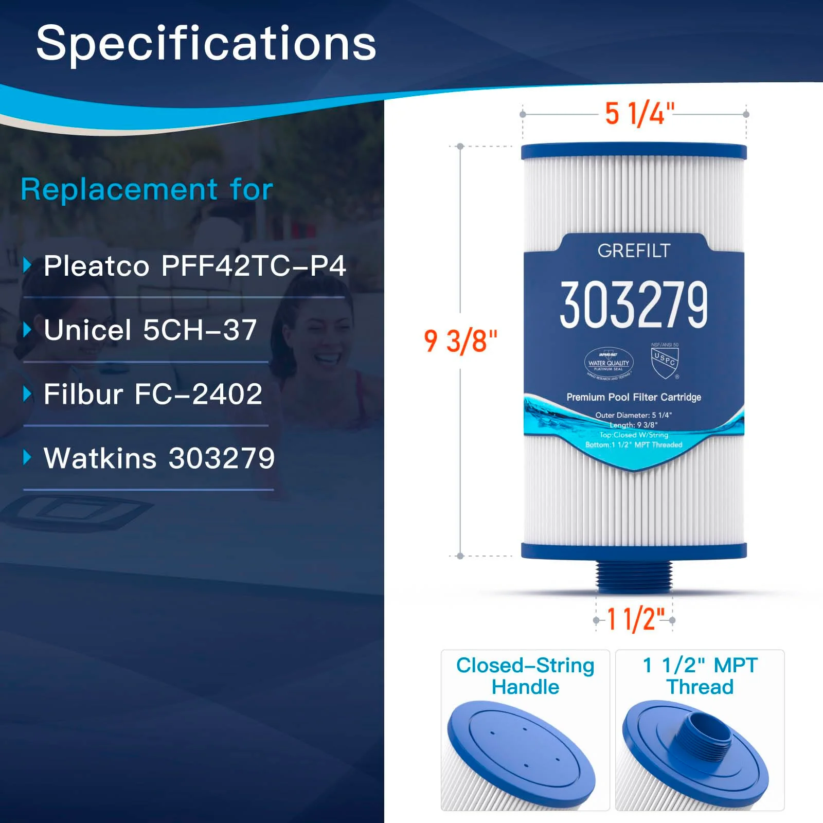 Grefilt Hot Tub Filter Compatible with Watkins 303279, PFF42TC-P4, FC-2402, 5CH-37, Spa Filter for Lifesmart, Freeflow, Hydromaster, Grandmaster, 1 1/2" MPT Threaded, 42 sq.ft. 2-Pack - Image 7