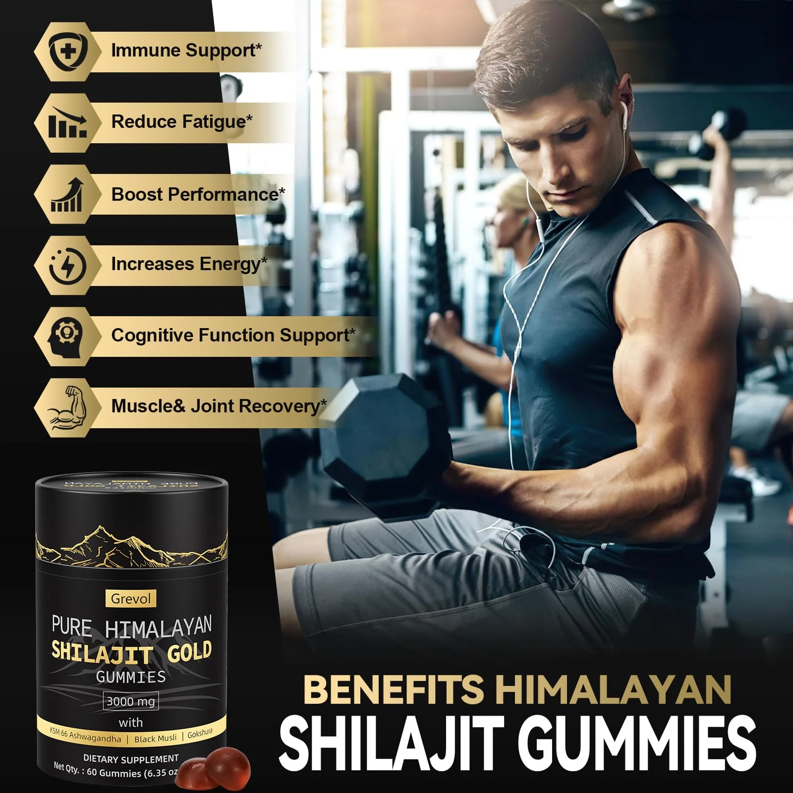 Grevol Himalayan Shilajit Gummies: Gold Grade Shilajit Riched with Ashwagandha Fulvic Acid & 85+ Trace Minerals - No Added Sugar - Individually Wrapped - for Men & Women - 60 Gummy - Image 3