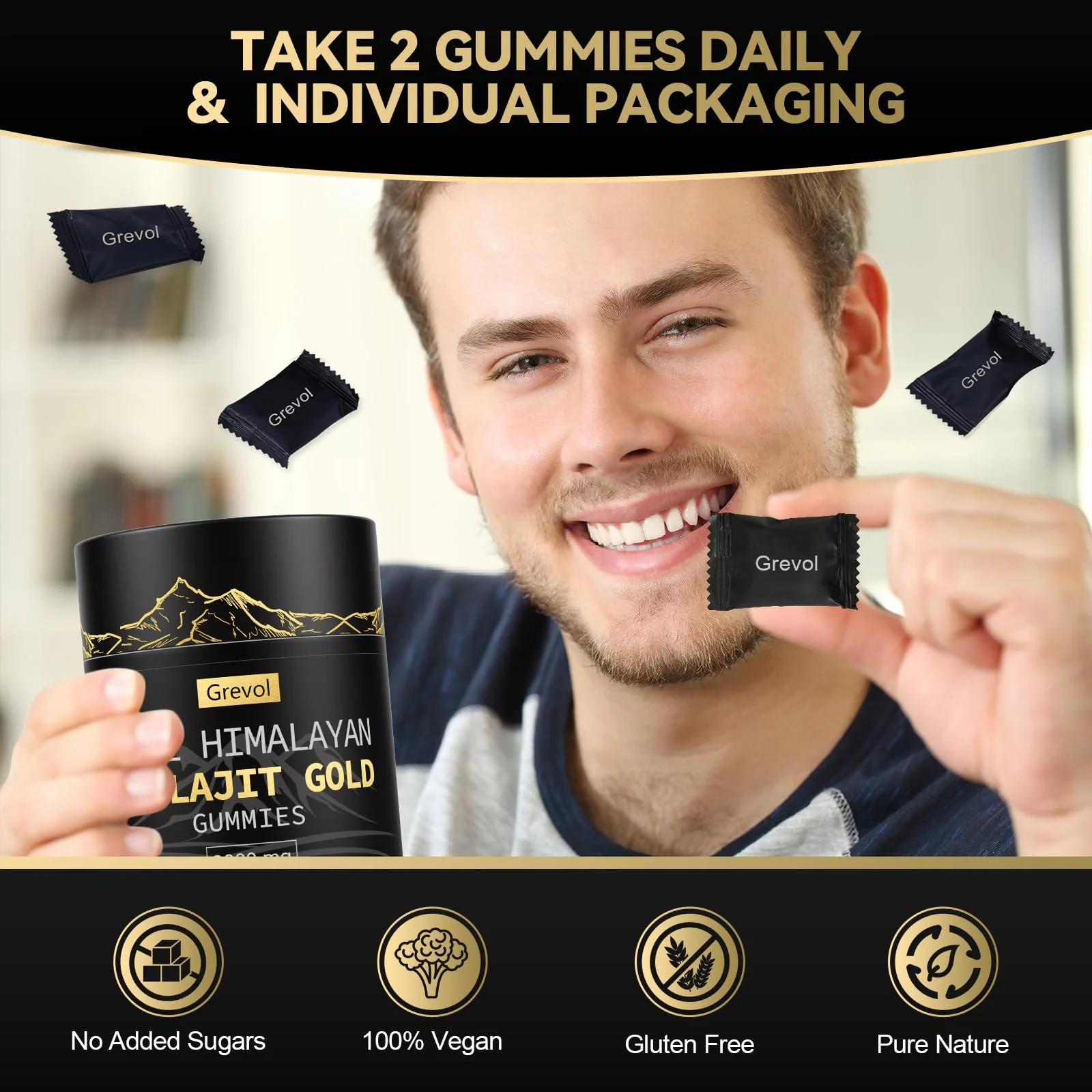 Grevol Himalayan Shilajit Gummies: Gold Grade Shilajit Riched with Ashwagandha Fulvic Acid & 85+ Trace Minerals - No Added Sugar - Individually Wrapped - for Men & Women - 60 Gummy - Image 4