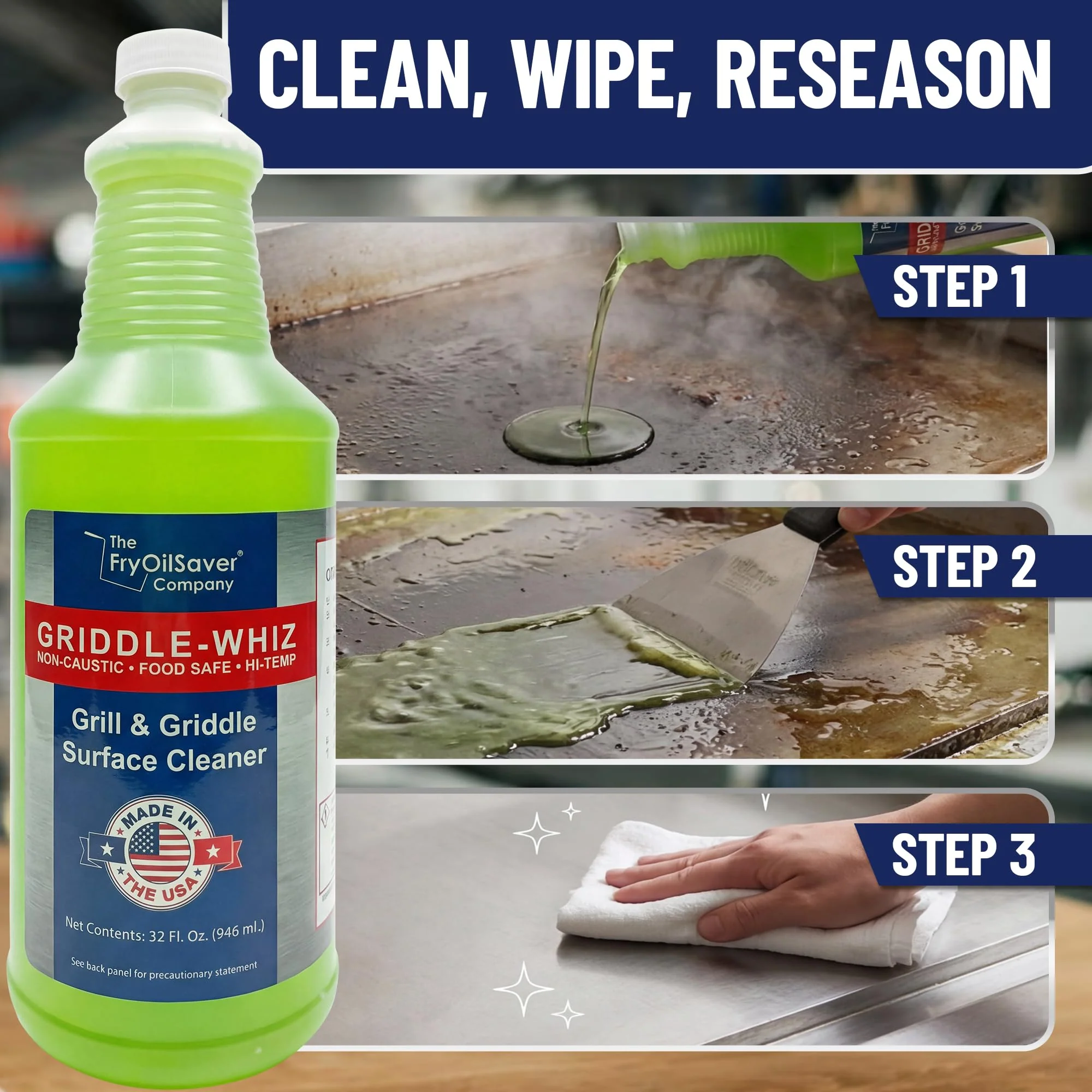 Griddle-Whiz Grill & Griddle Cleaner (4-Pack) | Removes Grease, Food Residue, Burnt On Organics | High Heat Flat Top Grill Cleaner, Food Contact Surface | Non-Caustic Formula by FryOilSaver (32oz) - Image 2