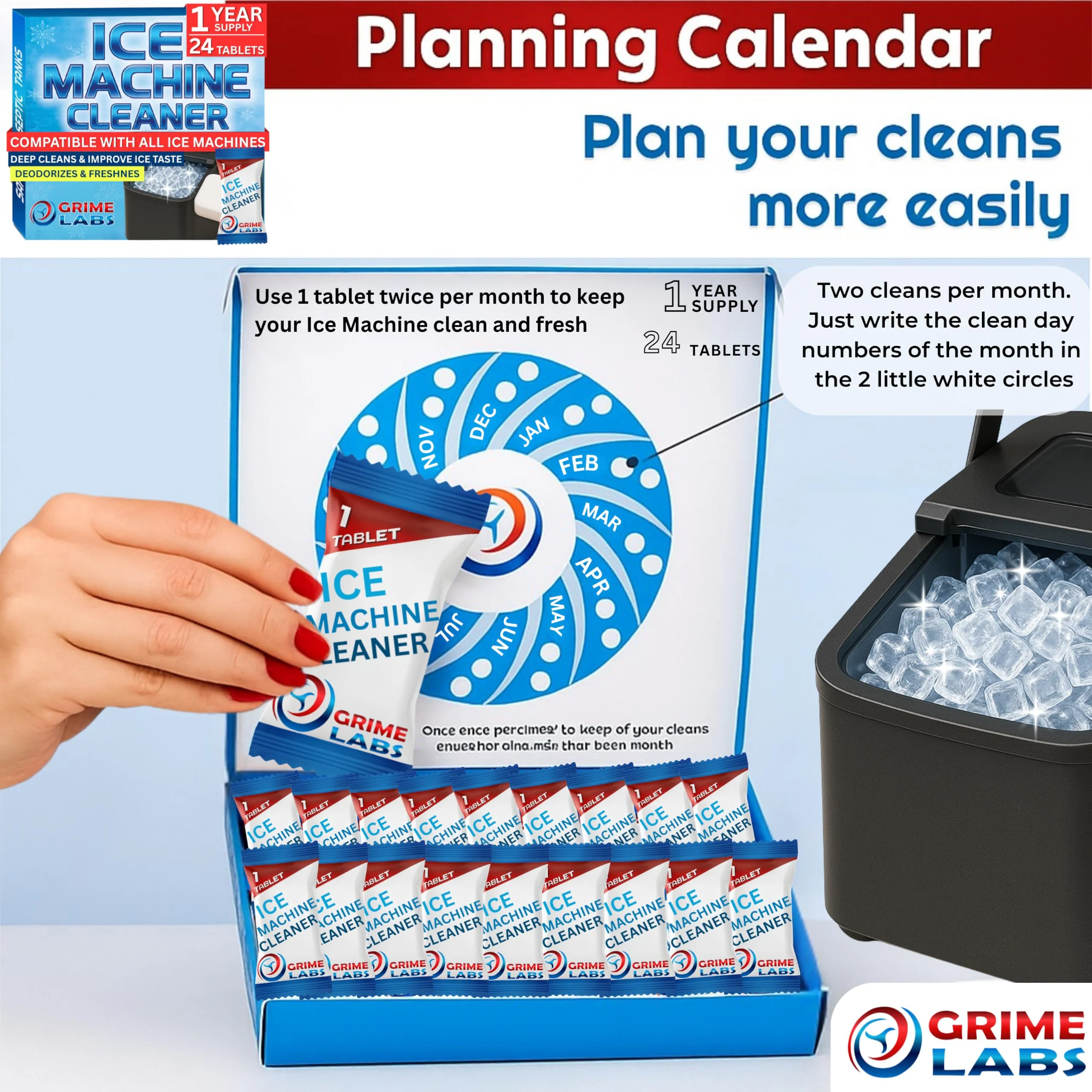 GRIME LABS Ice Machine Cleaner Tablets Descaler – 24 Pack (1 Year Supply) – Nickel-Safe, Removes Mold & Improves Taste – Compatible with Countertop & Nugget Ice Makers - Image 4