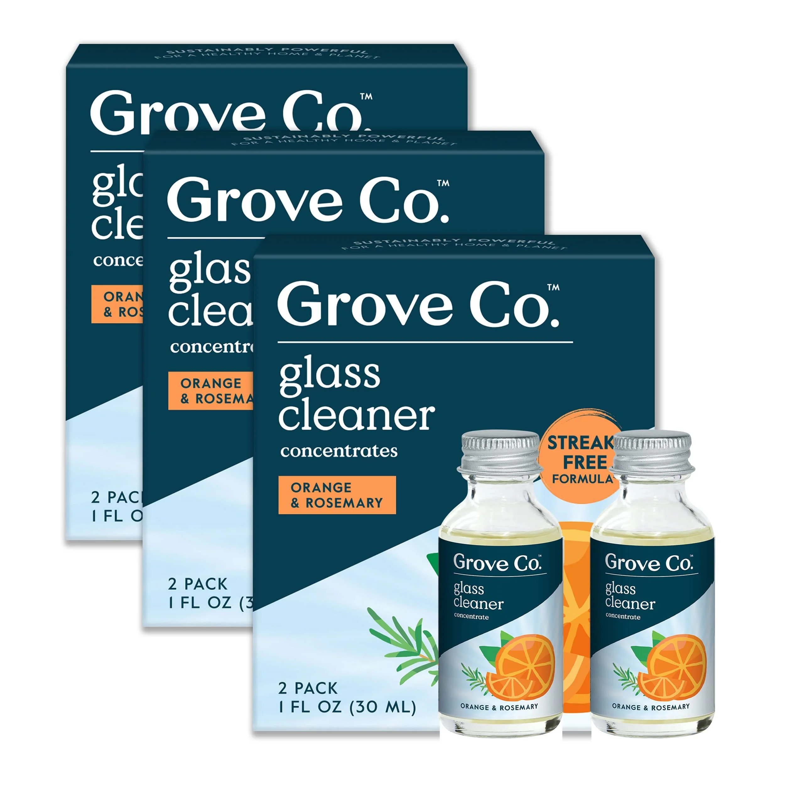 Grove Co. Glass Cleaner, Refill Concentrate (6 x 1 Fl Oz) Streak Free, Plant-based Household Cleaning Supplies, No Plastic Waste, Orange & Rosemary Fragrance, 3 x 2 Pack Refills