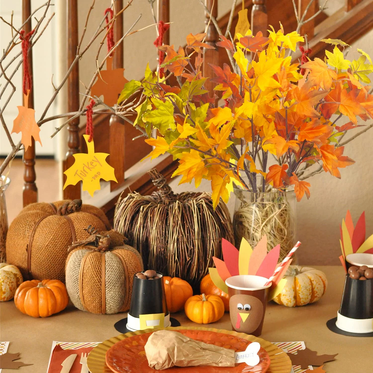 Grunyia 6Pcs Artificial Maple Leaves Branches Fake Fall Maple Shrubs for Thanksgiving Christmas Festival Garland Decoration - Image 4