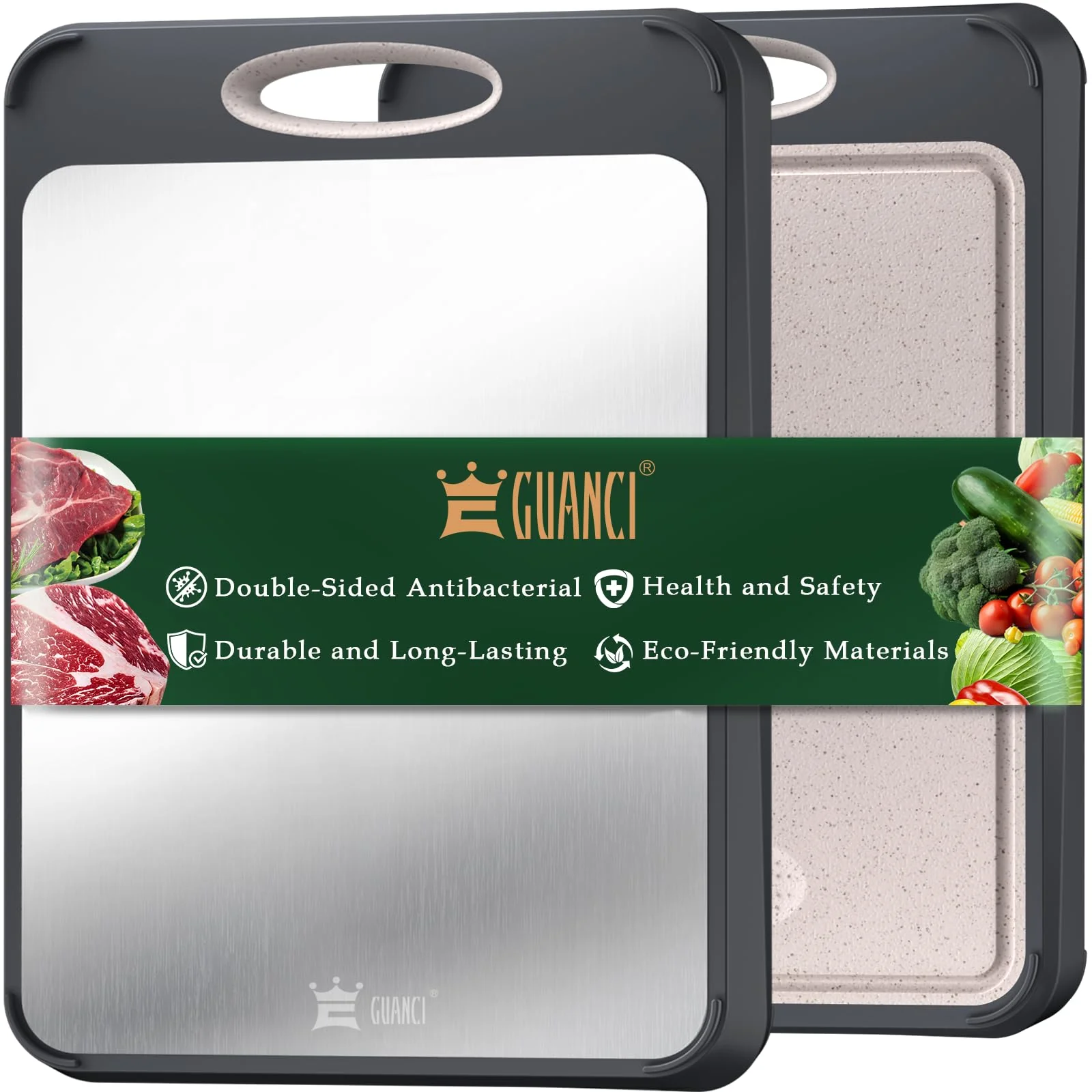 GUANCI Cutting Board for Kitchen, Stainless Steel Cutting Board Double Sided for Chopping Meat/Vegetables, Stainless Steel/Wheat Straw PP, Kitchen Gifts Easy to Clean Large 16”×11”