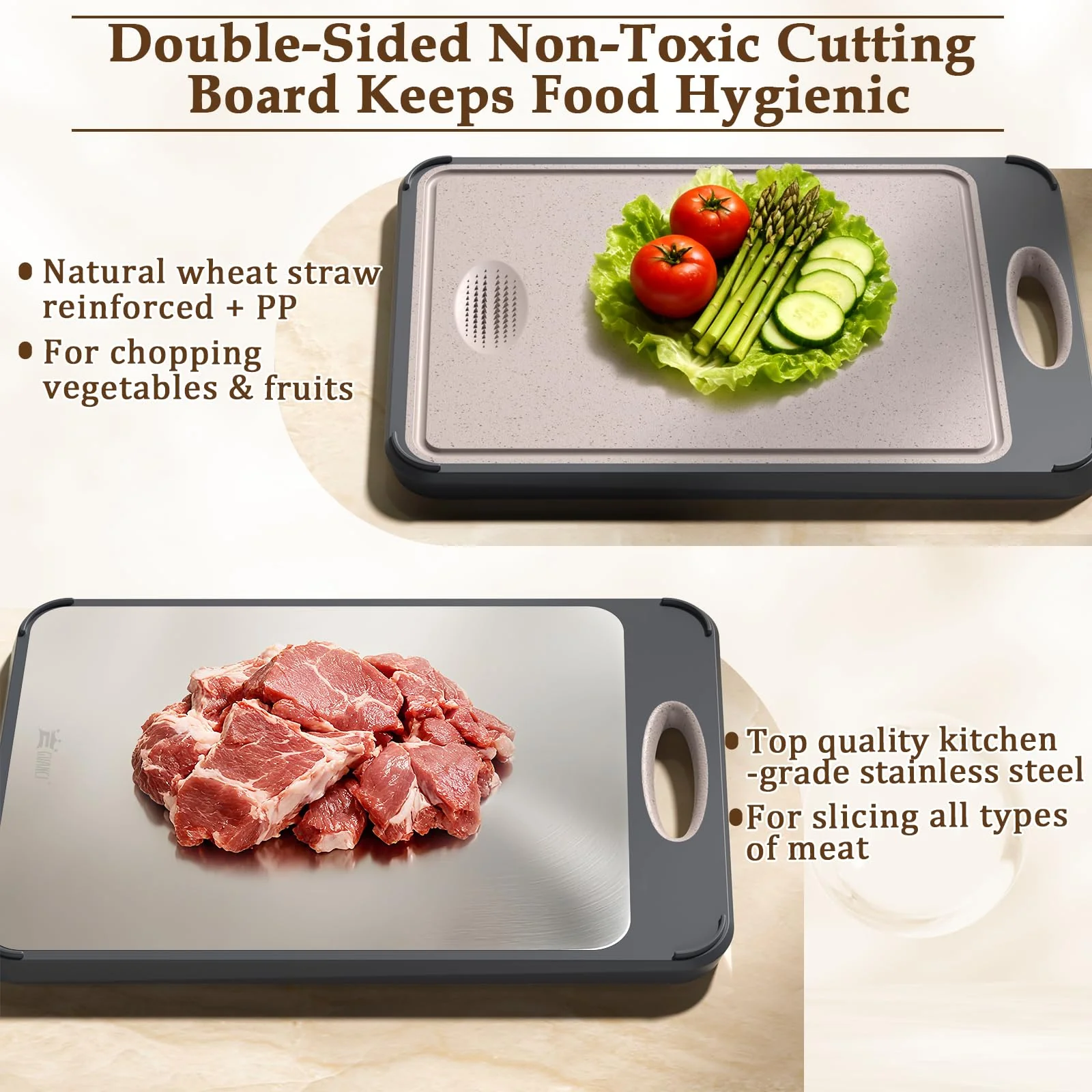 GUANCI Cutting Board for Kitchen, Stainless Steel Cutting Board Double Sided for Chopping Meat/Vegetables, Stainless Steel/Wheat Straw PP, Kitchen Gifts Easy to Clean Large 16”×11” - Image 8