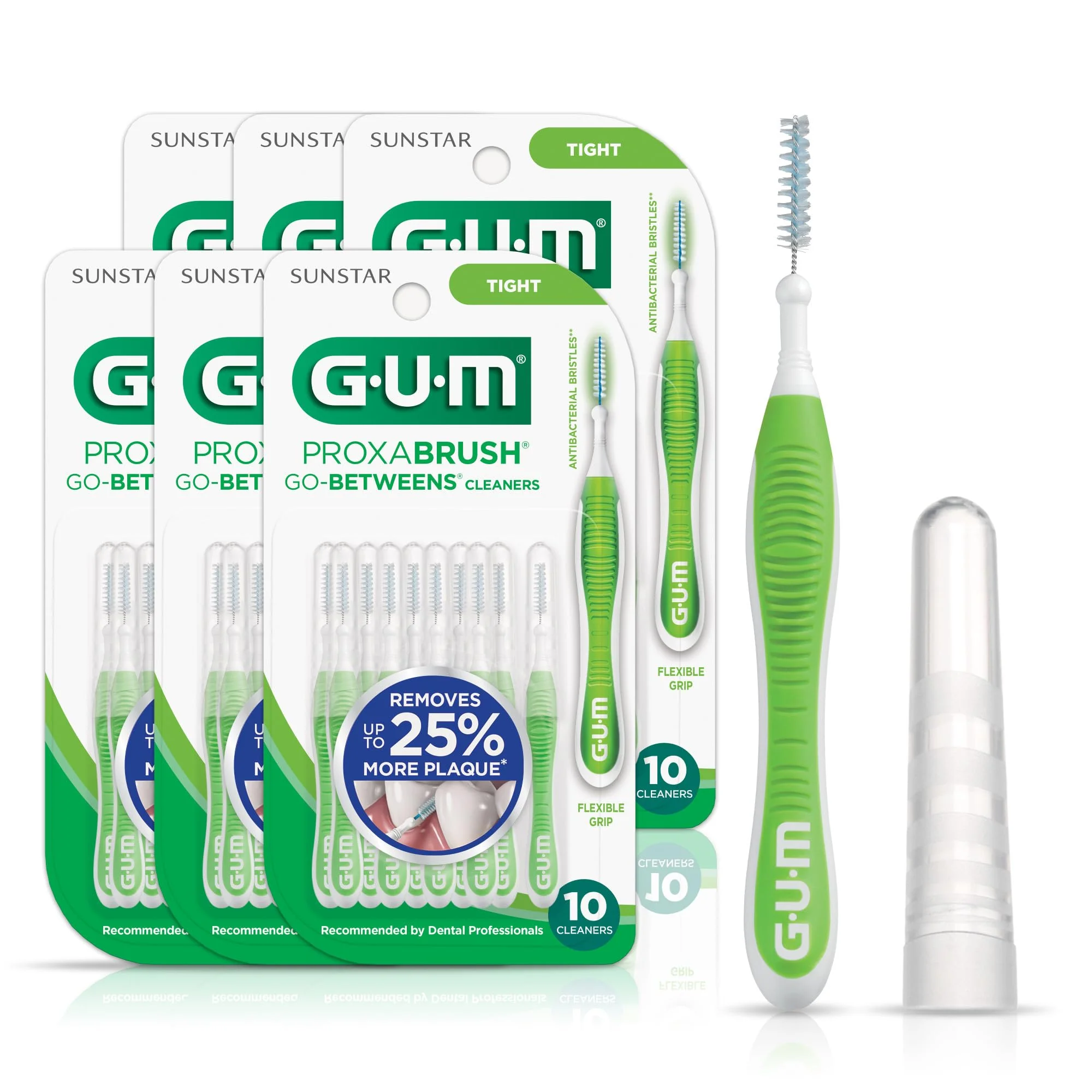 GUM Proxabrush Go-Betweens - Tight - Interdental Brushes - Soft Bristled Dental Picks for Plaque Removal Health - Safe for Braces & Dental Devices, 10ct (Pack of 6)