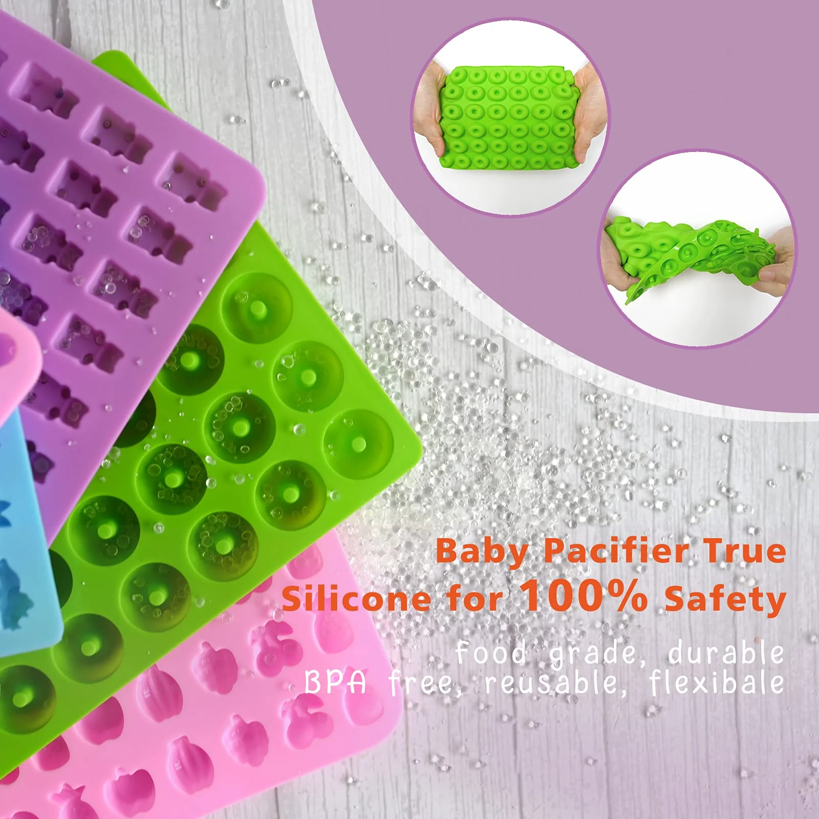 Gummy Bear Molds Silicone 32PCS, Non-stick Chocolate Candy Mold 18 Shapes for 327 Candies, With 4 Droppers, Clean Brush, Storage Box, 20 Wrappers, Including Dinosaur Mini Donut Fruit Animals Shaped - Image 6