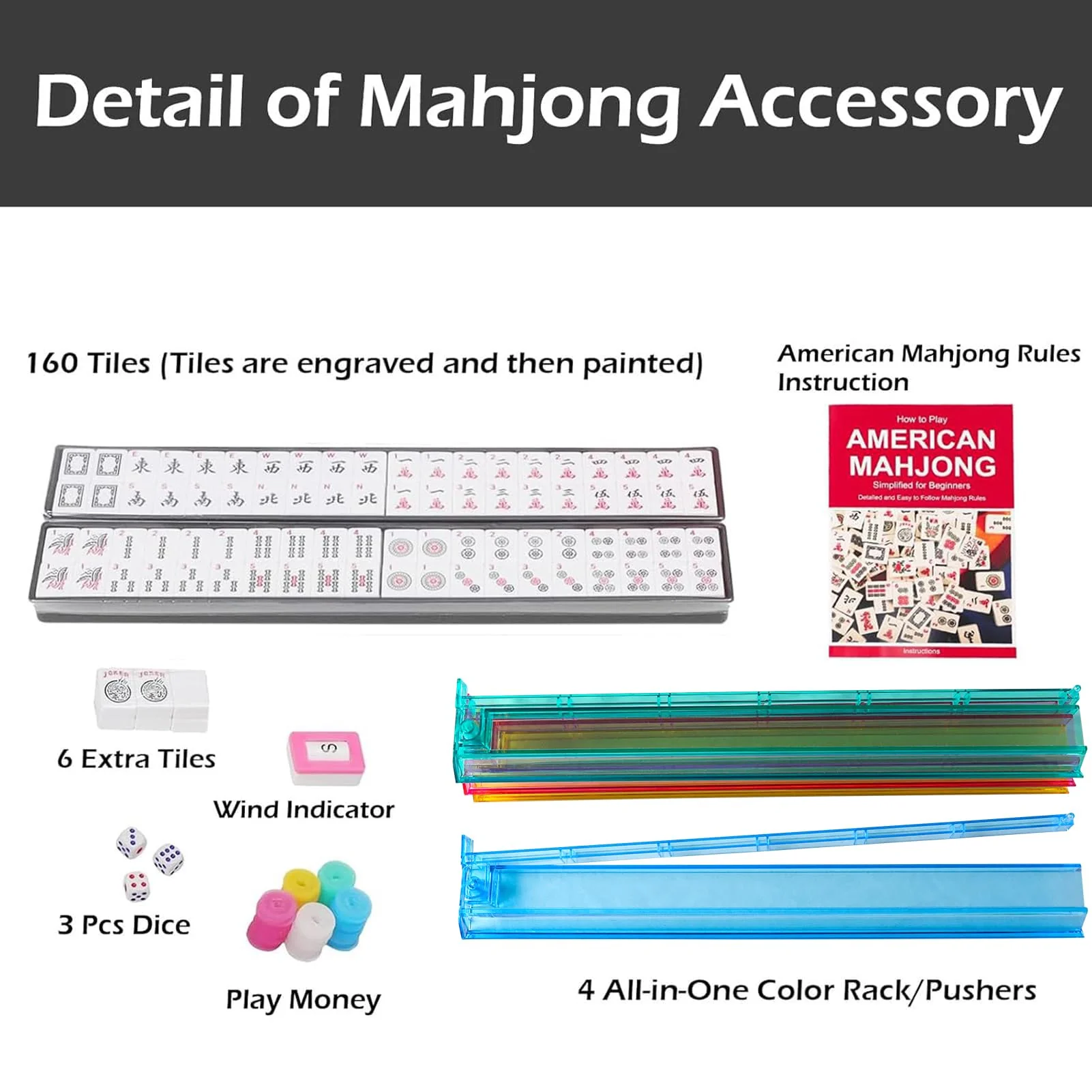 GUSTARIA American Mahjong Game Set, 166 Premium White Tiles, 4 All-in-One Color Rack/Pushers, Complete Mahjong Set Blue Carrying Bag - Image 4