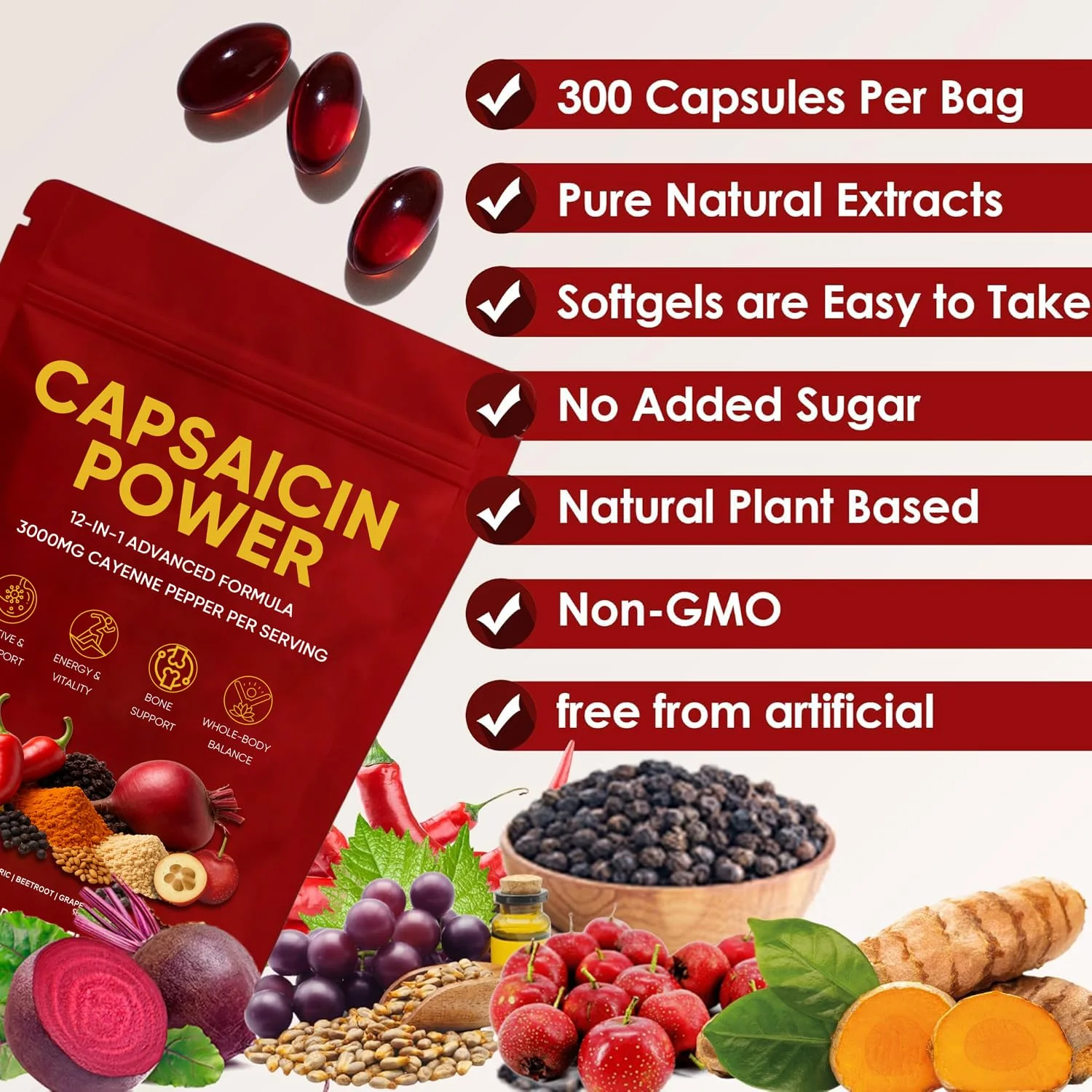 GXSAE Capsaicin Power - Cayenne Pepper Softgels Supplement, Supports Leg Vein, Digestive & Gut Health, with Vitamin D3+K2, Beetroot, Grape Seed and Other Extracts, 300 Capsules (1) - Image 6